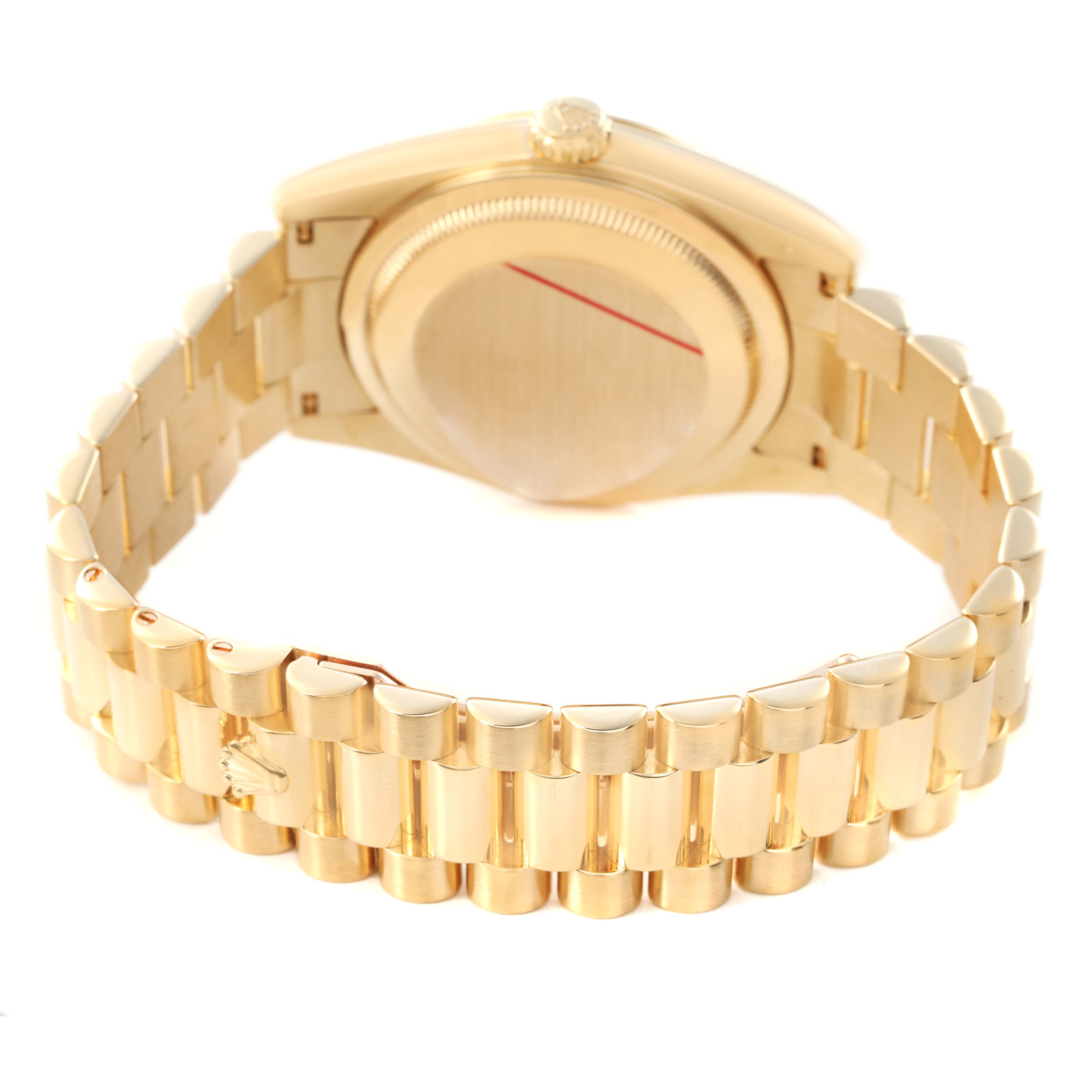 The image shows the back of a Rolex President 118238 Men's Yellow Gold Silver Dial model watch, highlighting the case back and bracelet.