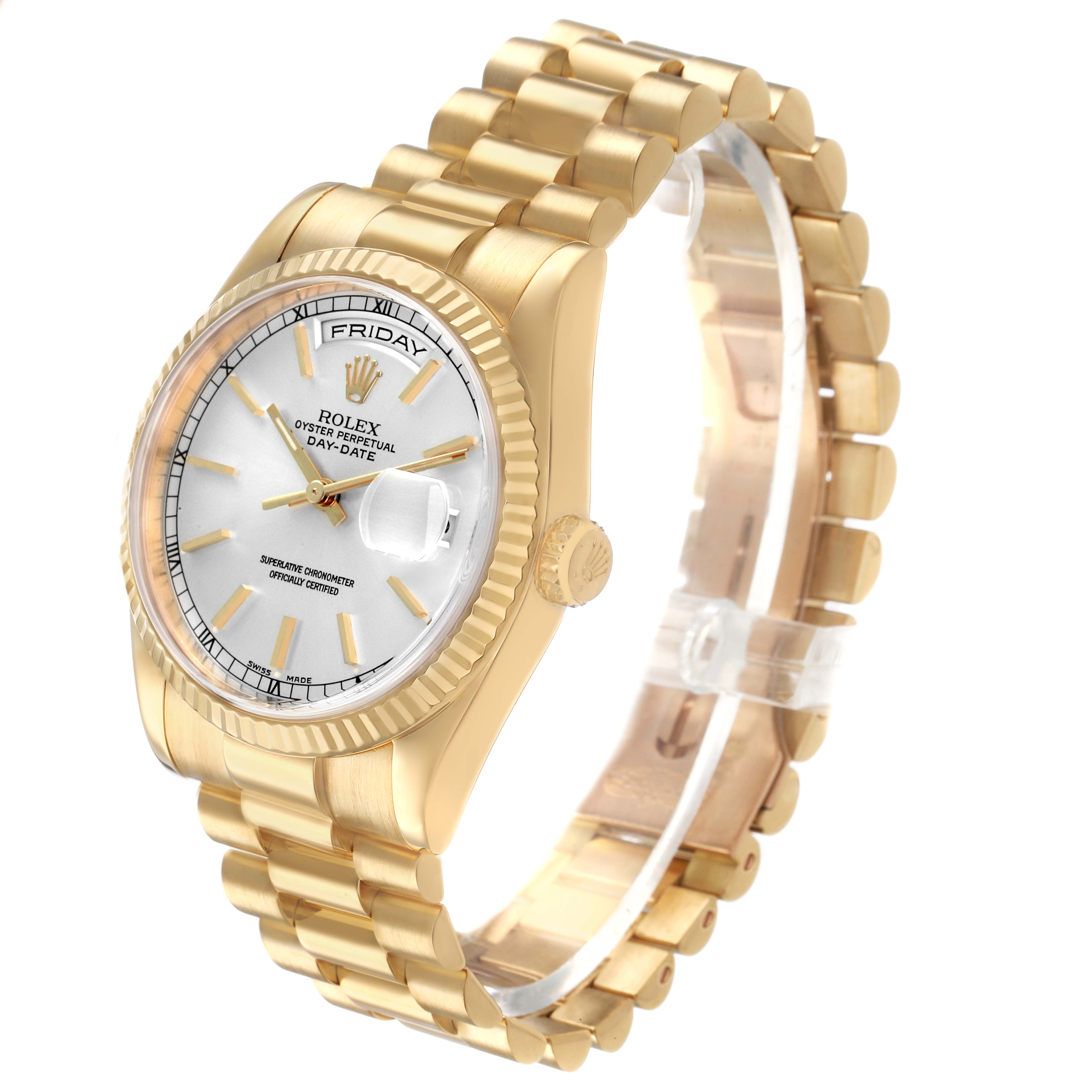 The Rolex President 118238 Men's Yellow Gold Silver Dial model is shown at a three-quarter angle highlighting its bracelet, bezel, and face with the day-date feature.