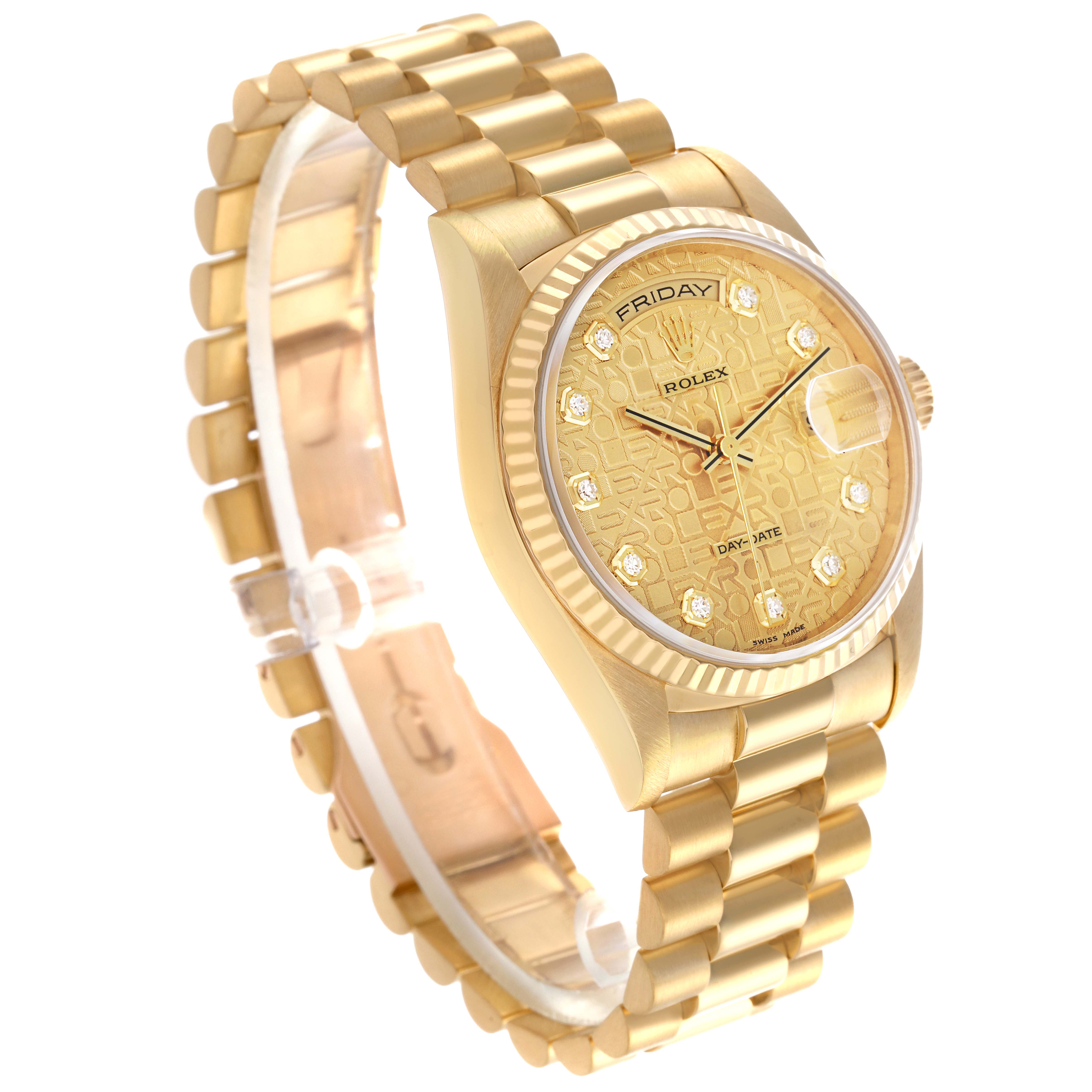 The Rolex President 18238 Men's Yellow Gold Champagne Dial 18238 Men's Yellow Gold Champagne Dial model watch is shown at a side angle, highlighting the bracelet, dial, and fluted bezel.