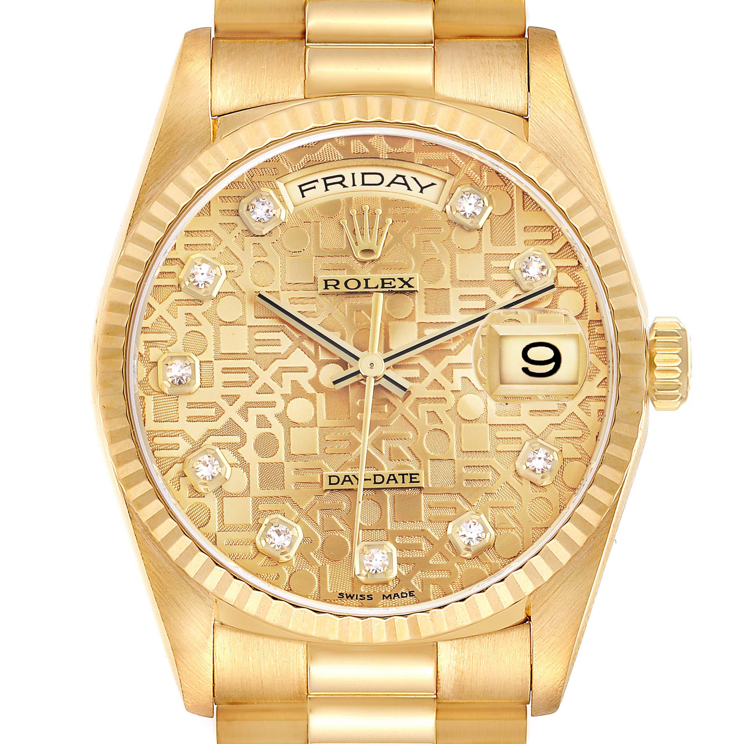 The Rolex President 18238 Men's Yellow Gold Champagne Dial 18238 Men's Yellow Gold Champagne Dial model is shown from the front, displaying its dial, fluted bezel, and part of the bracelet.