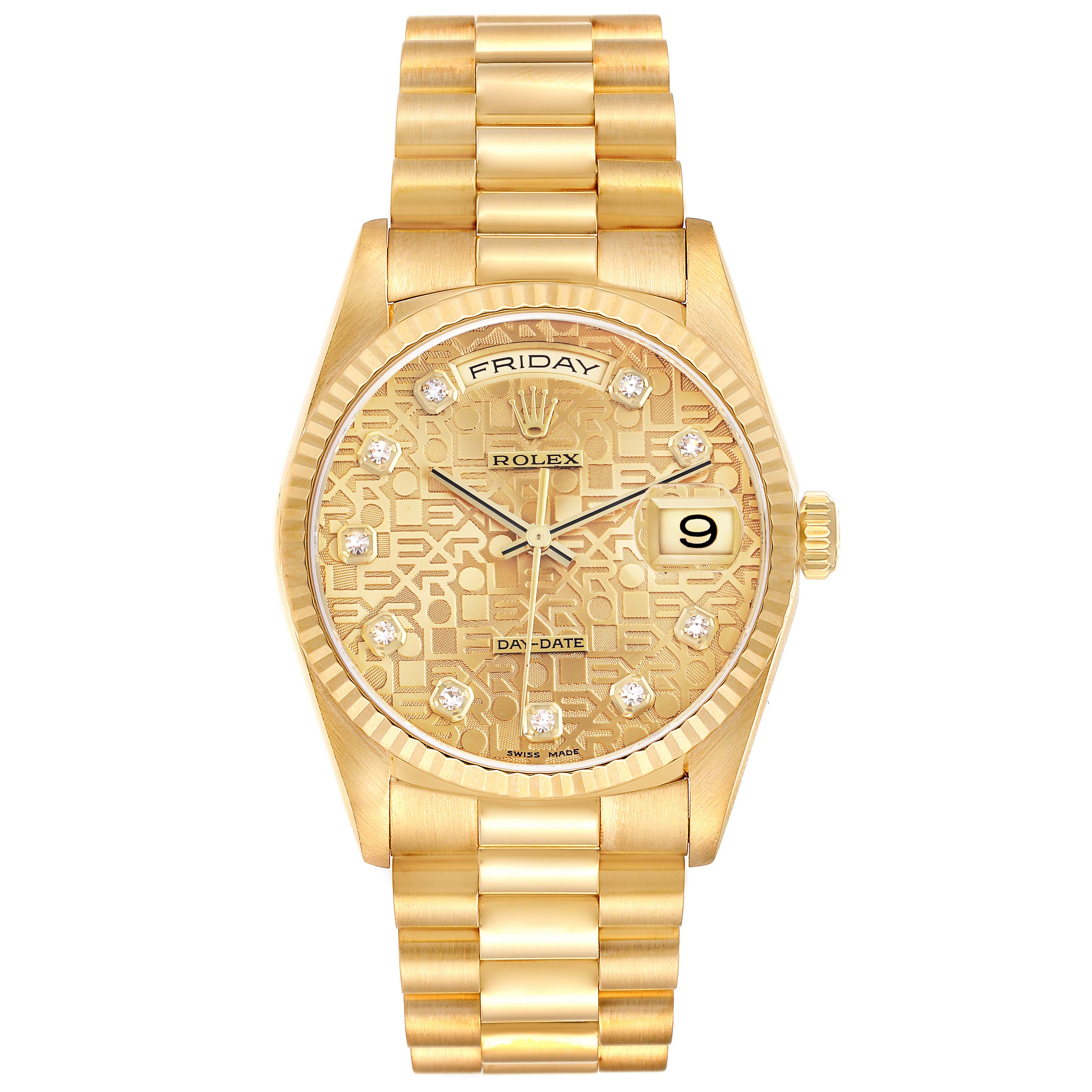 The Rolex President 18238 Men's Yellow Gold Champagne Dial 18238 Men's Yellow Gold Champagne Dial model watch is shown from a top view, highlighting its gold bracelet, patterned dial, and date window.