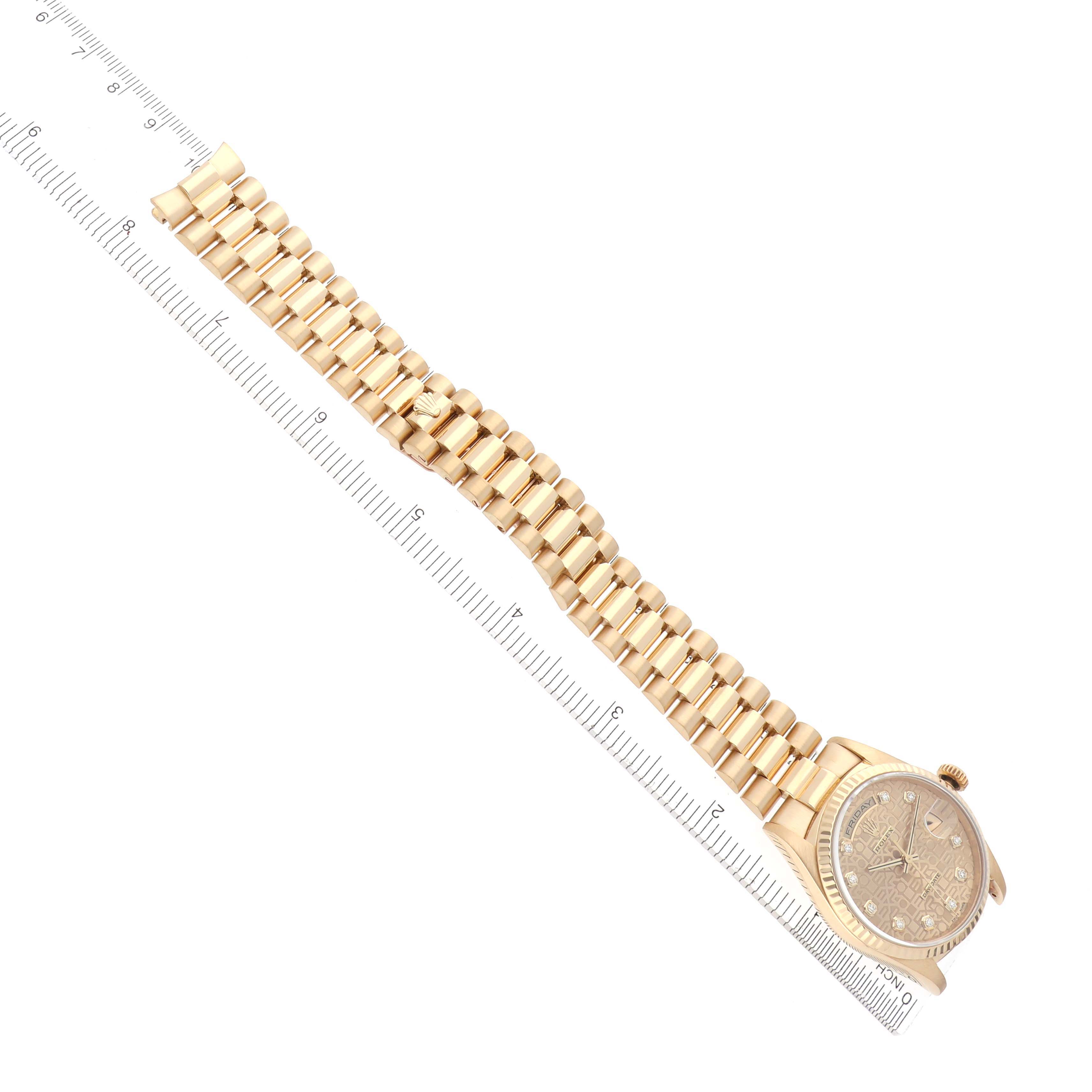 The Rolex President 18238 Men's Yellow Gold Champagne Dial 18238 Men's Yellow Gold Champagne Dial watch is shown from a top-down angle, highlighting the bracelet and part of the dial.