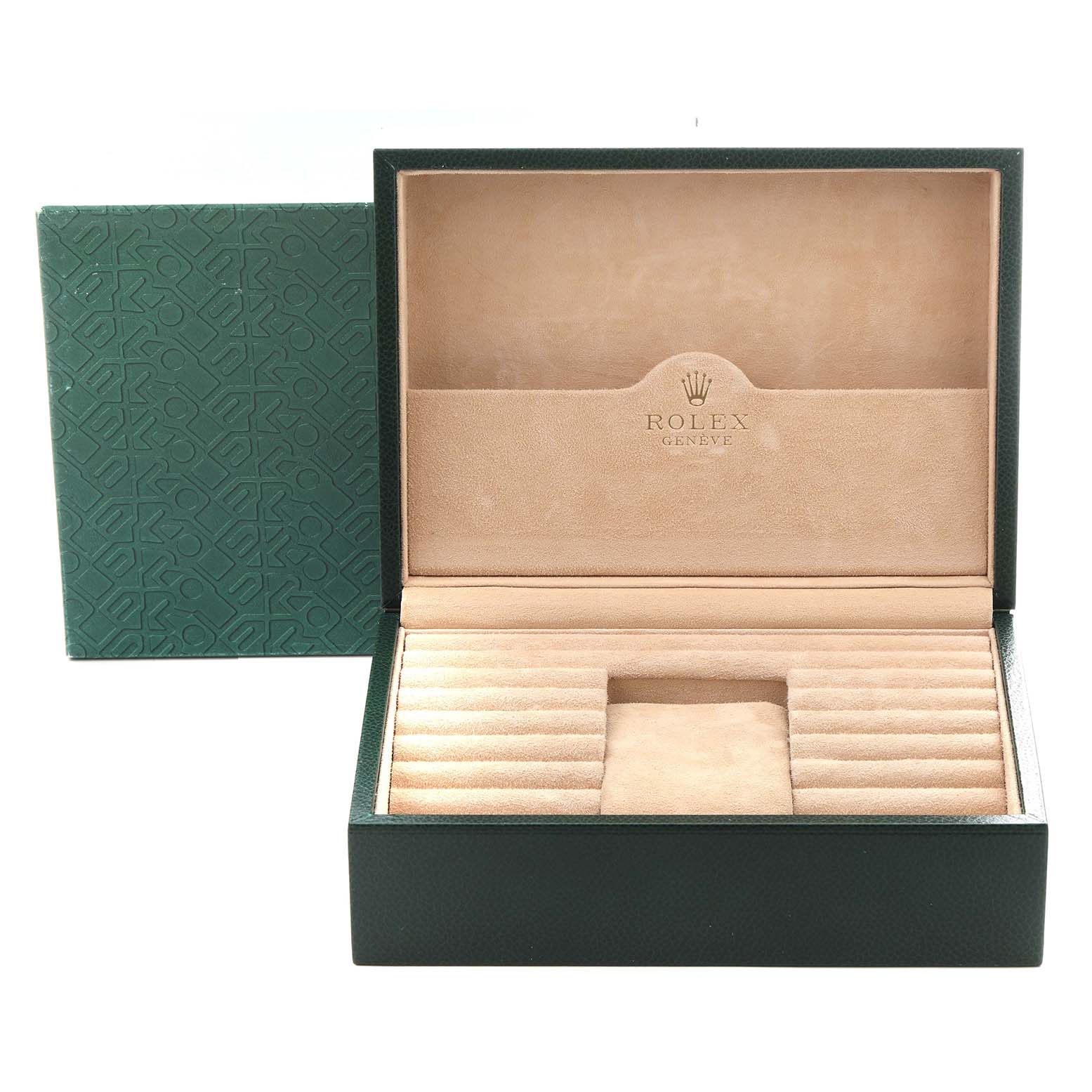 The image shows an open green Rolex watch box for the President model, with slots for storing multiple watches.
