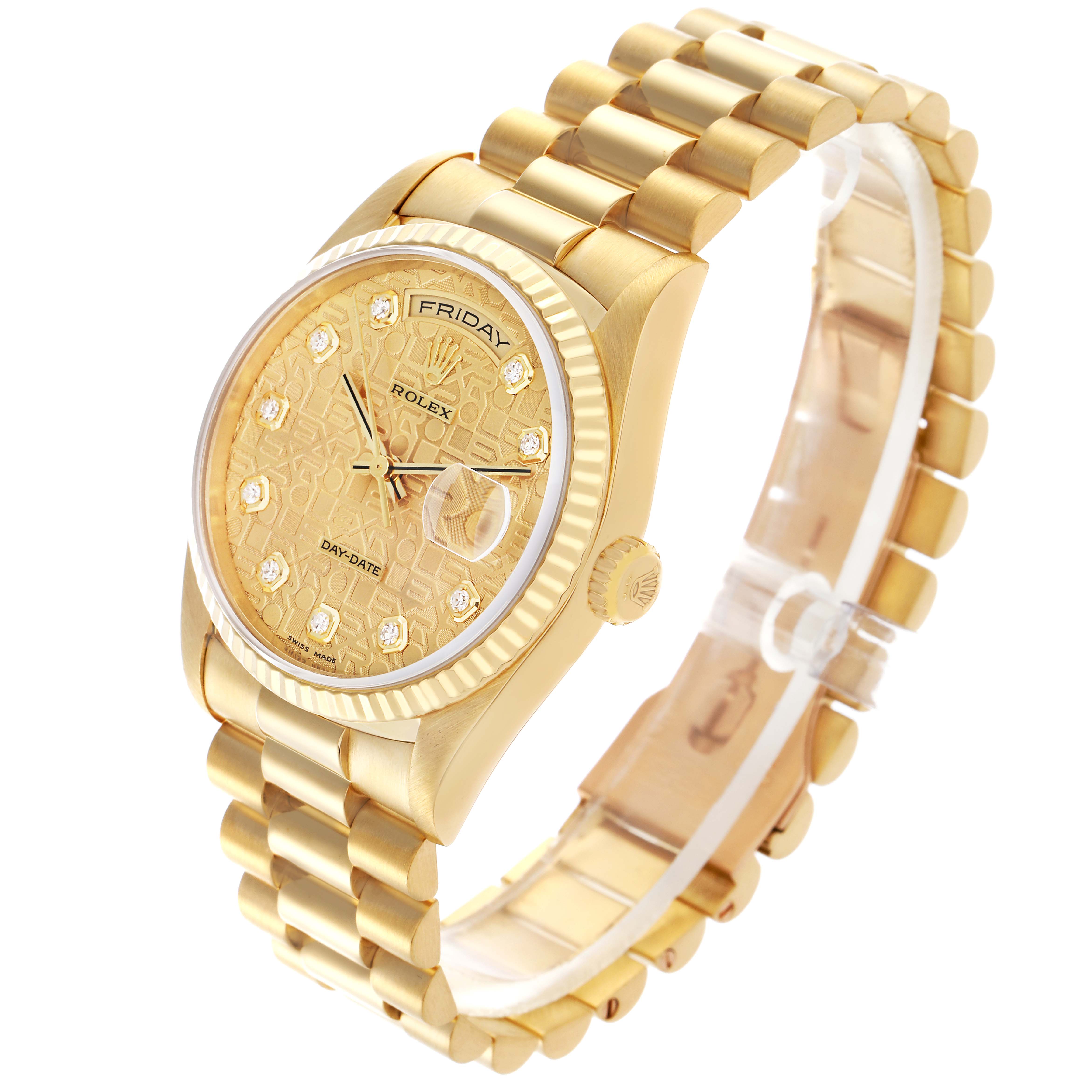 The Rolex President 18238 Men's Yellow Gold Champagne Dial 18238 Men's Yellow Gold Champagne Dial model is shown at a three-quarter angle, highlighting the dial, bezel, crown, and bracelet.