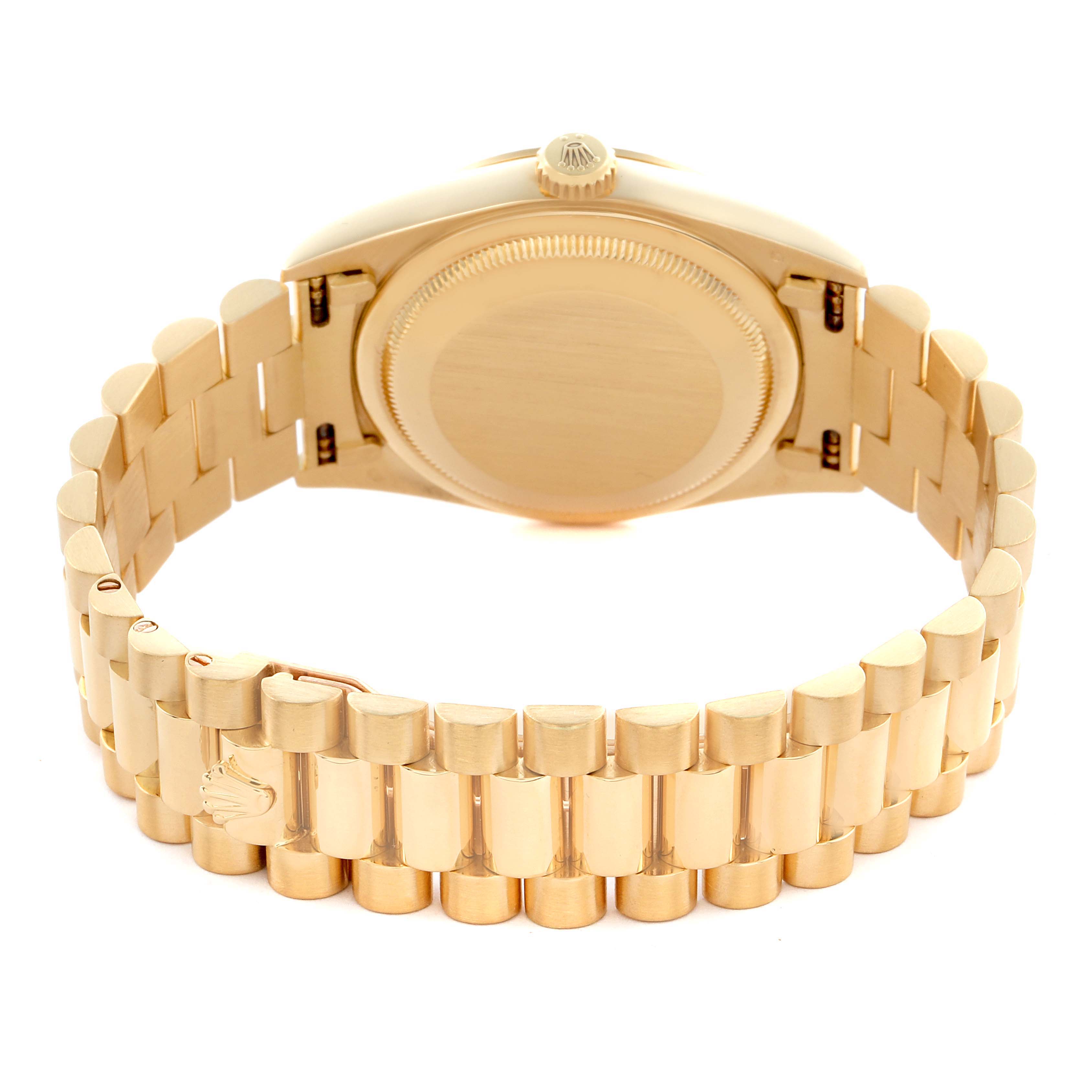 The image shows the back and band of a Rolex President 18238 Men's Yellow Gold Champagne Dial 18238 Men's Yellow Gold Champagne Dial watch, highlighting the bracelet and case back.