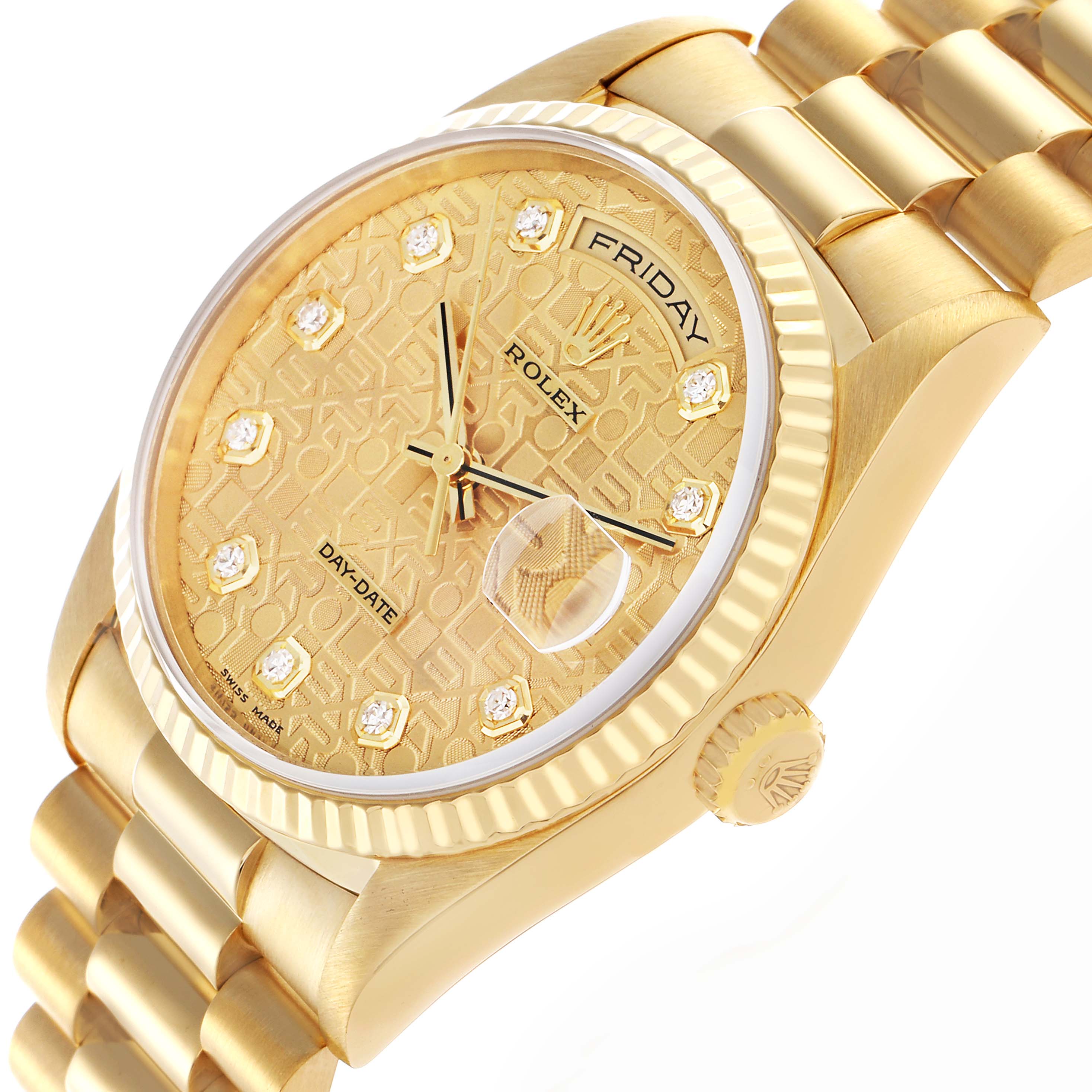 The Rolex President 18238 Men's Yellow Gold Champagne Dial 18238 Men's Yellow Gold Champagne Dial model watch is shown at a slight angle, highlighting the dial, day-date feature, bezel, and part of the bracelet.