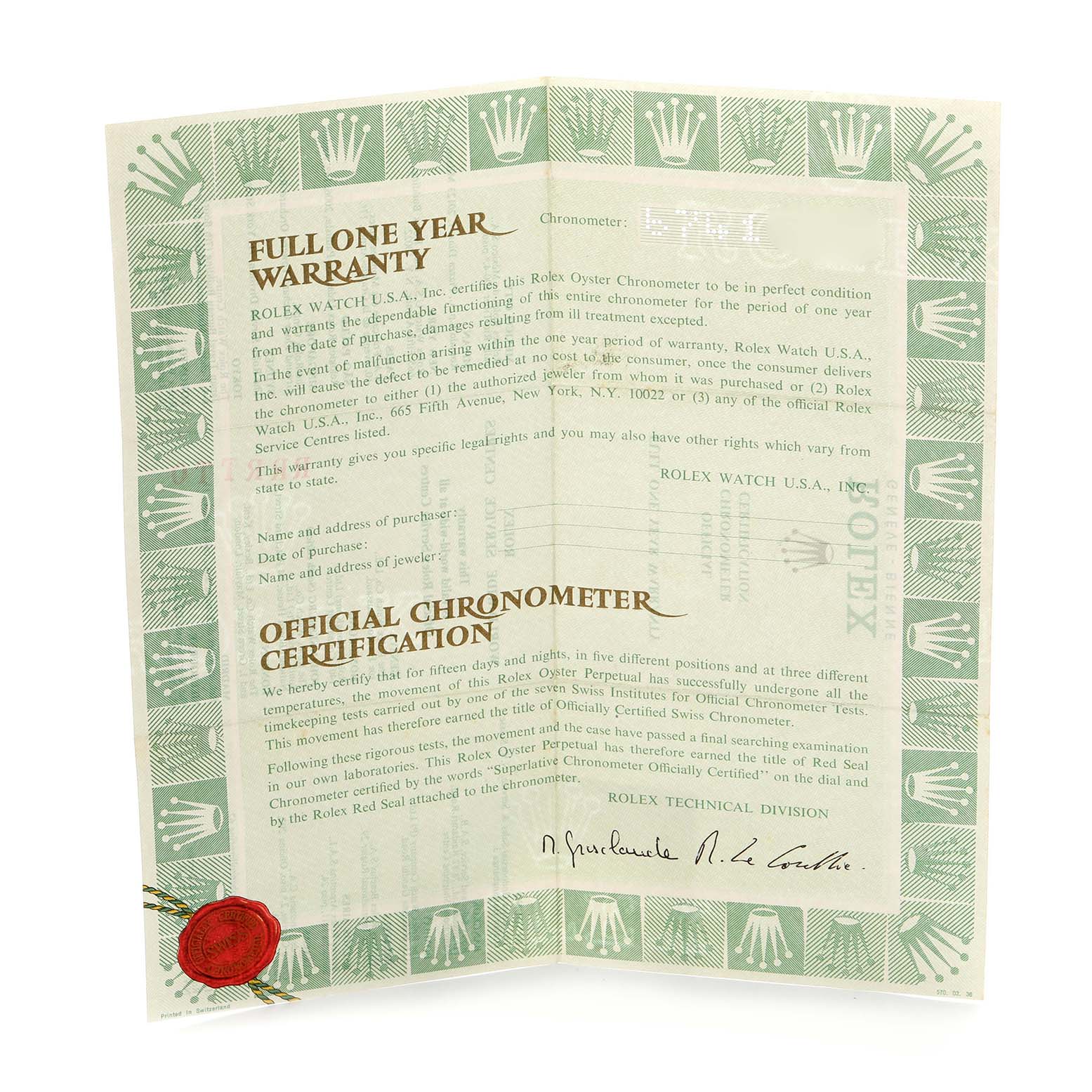 The image shows a Rolex President 18038 Men's Yellow Gold Champagne Dial 18038 Men's Yellow Gold Champagne Dial model warranty and certification document, detailing authenticity and precision.