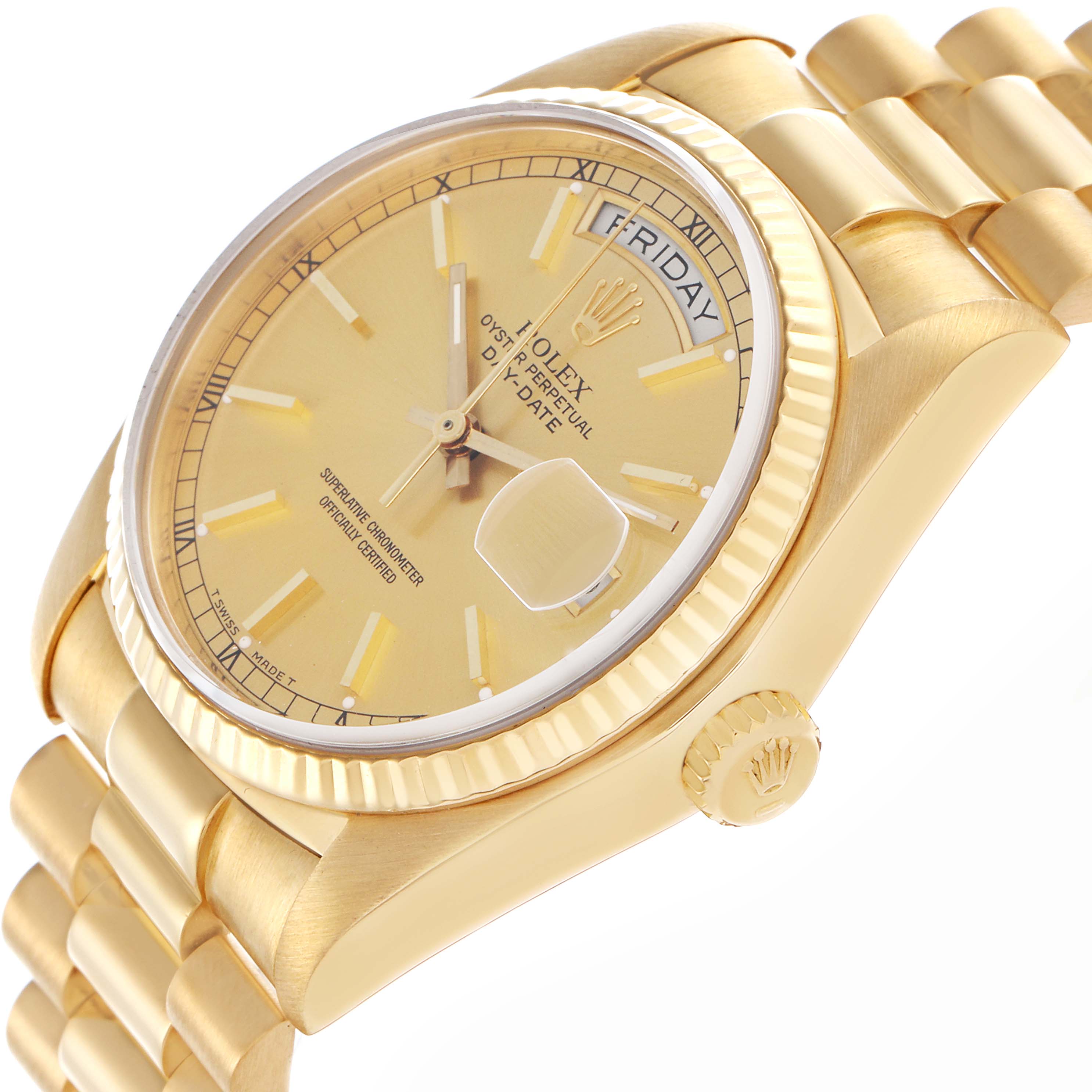 The Rolex President 18038 Men's Yellow Gold Champagne Dial 18038 Men's Yellow Gold Champagne Dial model watch is shown at a slight side angle, highlighting the face, bezel, bracelet, and crown.