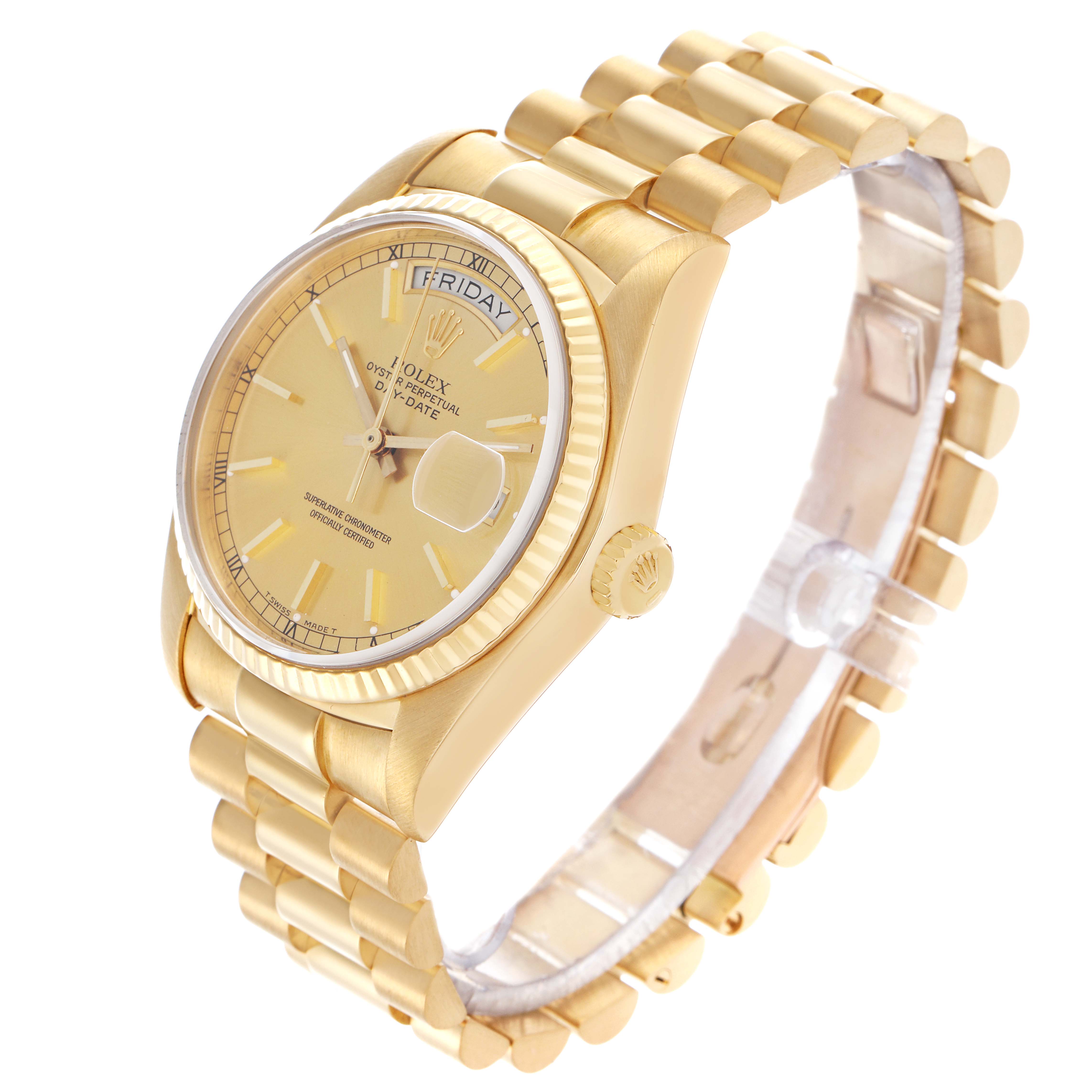 The Rolex President 18038 Men's Yellow Gold Champagne Dial 18038 Men's Yellow Gold Champagne Dial model is shown at a three-quarter angle, displaying the gold case, bracelet, and dial with date and day features.