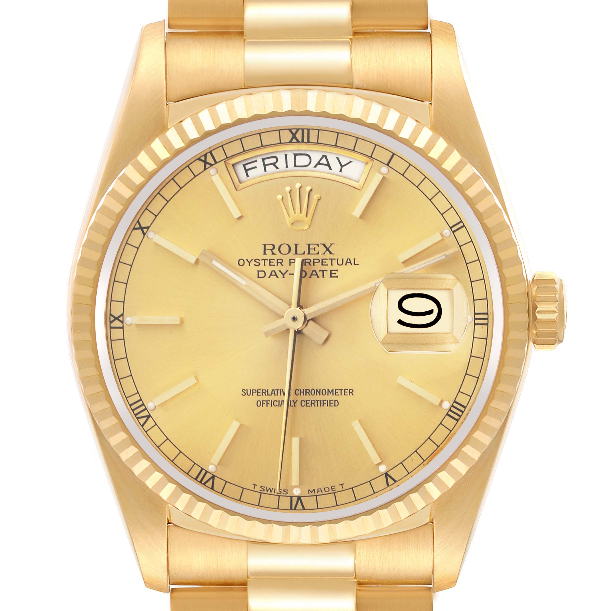 The Rolex President 18038 Men's Yellow Gold Champagne Dial 18038 Men's Yellow Gold Champagne Dial watch is shown from the front, highlighting the dial, day-date windows, bezel, and crown.