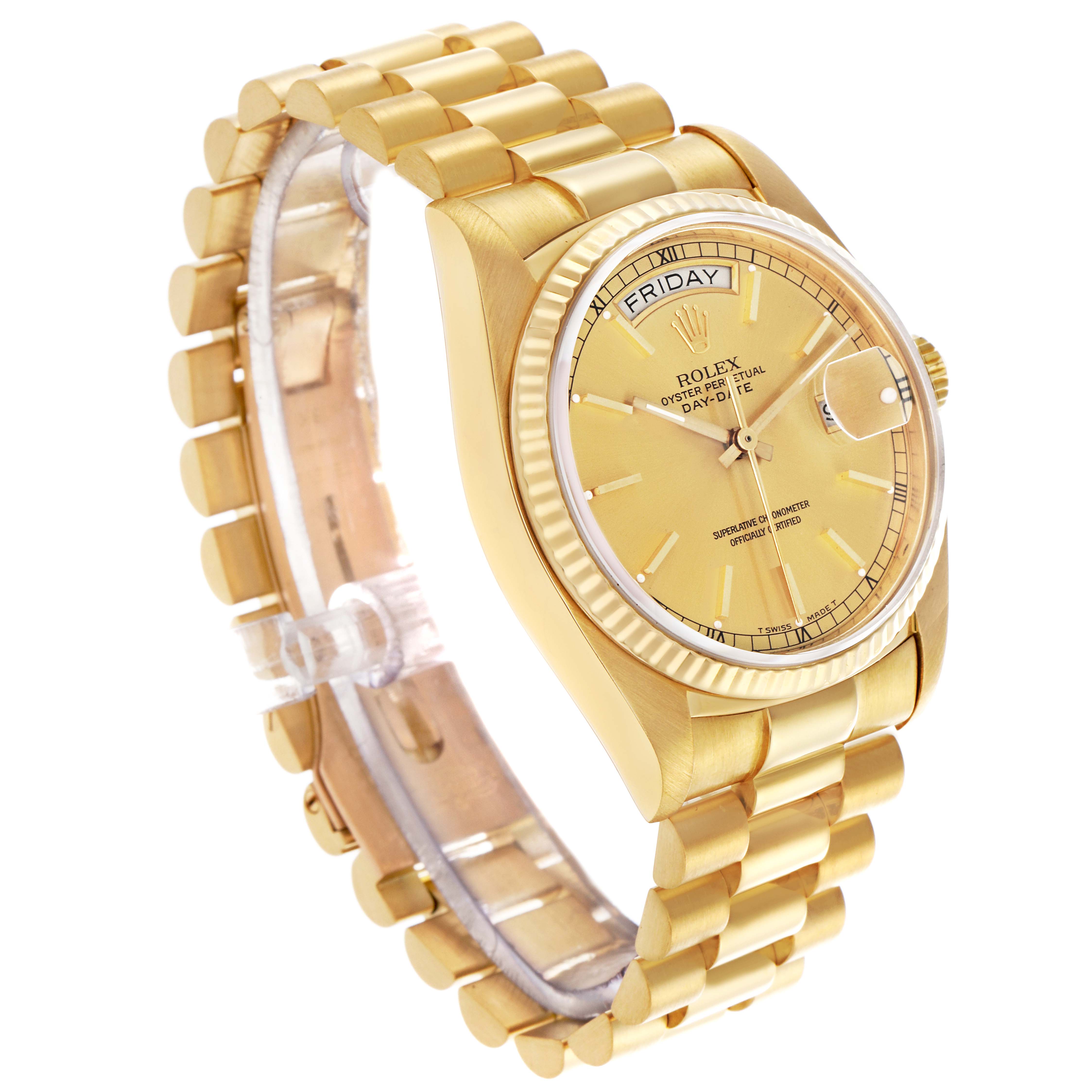 The Rolex President 18038 Men's Yellow Gold Champagne Dial 18038 Men's Yellow Gold Champagne Dial watch is shown at an angled side view, highlighting the band, face, and crown.
