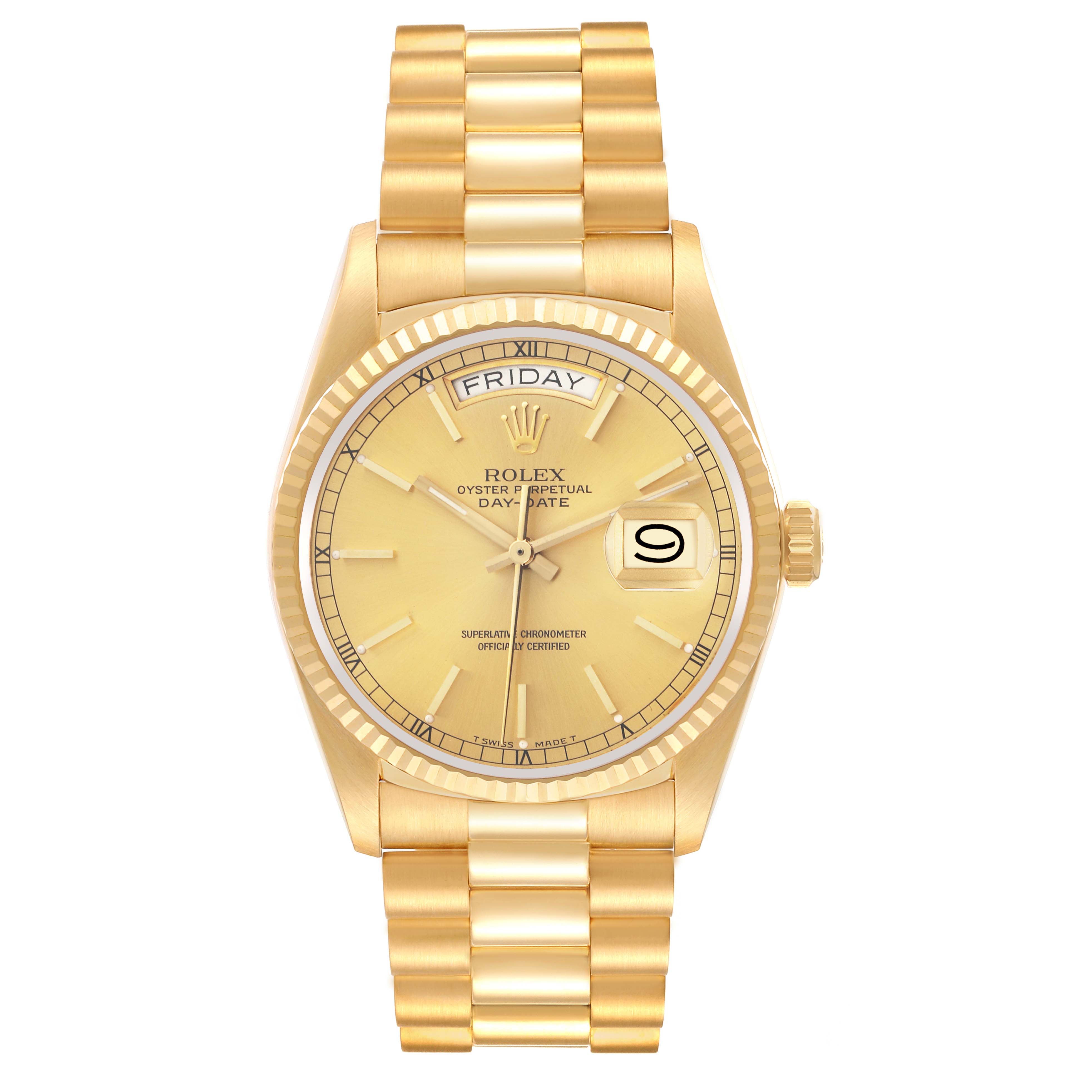 The Rolex President 18038 Men's Yellow Gold Champagne Dial 18038 Men's Yellow Gold Champagne Dial model is shown from a front angle, featuring the dial, bezel, bracelet, and crown.