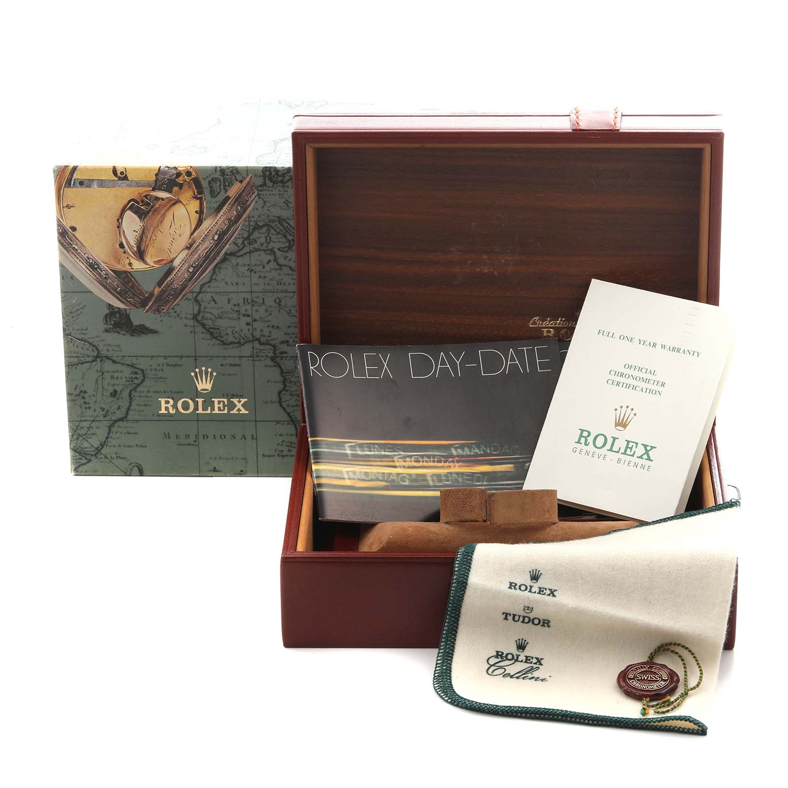 The image shows a Rolex President 18038 Men's Yellow Gold Champagne Dial 18038 Men's Yellow Gold Champagne Dial model watch box set, including manuals, warranty card, cloth, and original packaging.