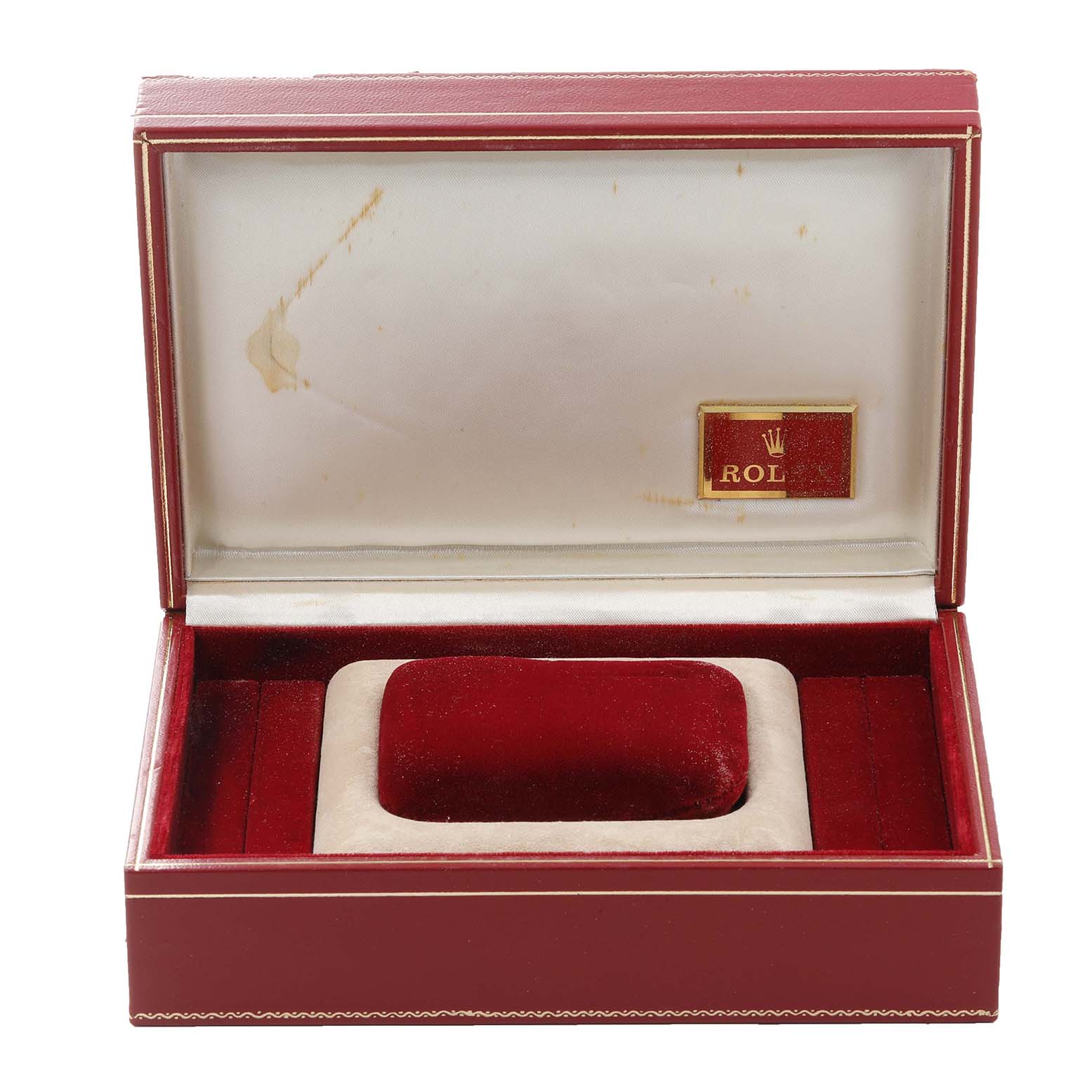 The image shows an open, empty presentation box for a Rolex President 68278 Women's Yellow Gold Mother of Pearl Dial 68278 Women's Yellow Gold Mother of Pearl Dial model watch, viewed from the front.