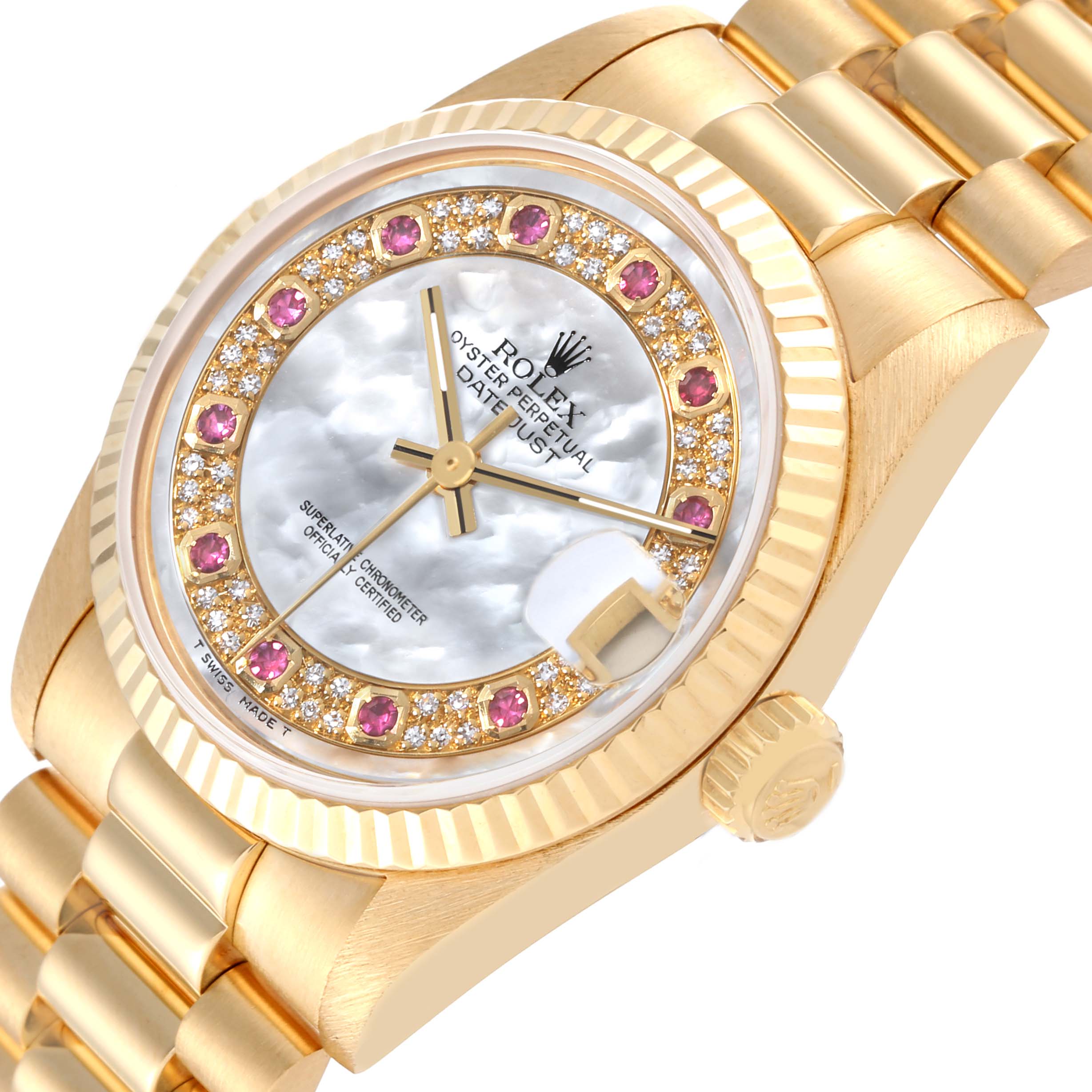 The image shows a close-up, angled view of a Rolex President 68278 Women's Yellow Gold Mother of Pearl Dial 68278 Women's Yellow Gold Mother of Pearl Dial model watch, highlighting its face, bezel, and band.