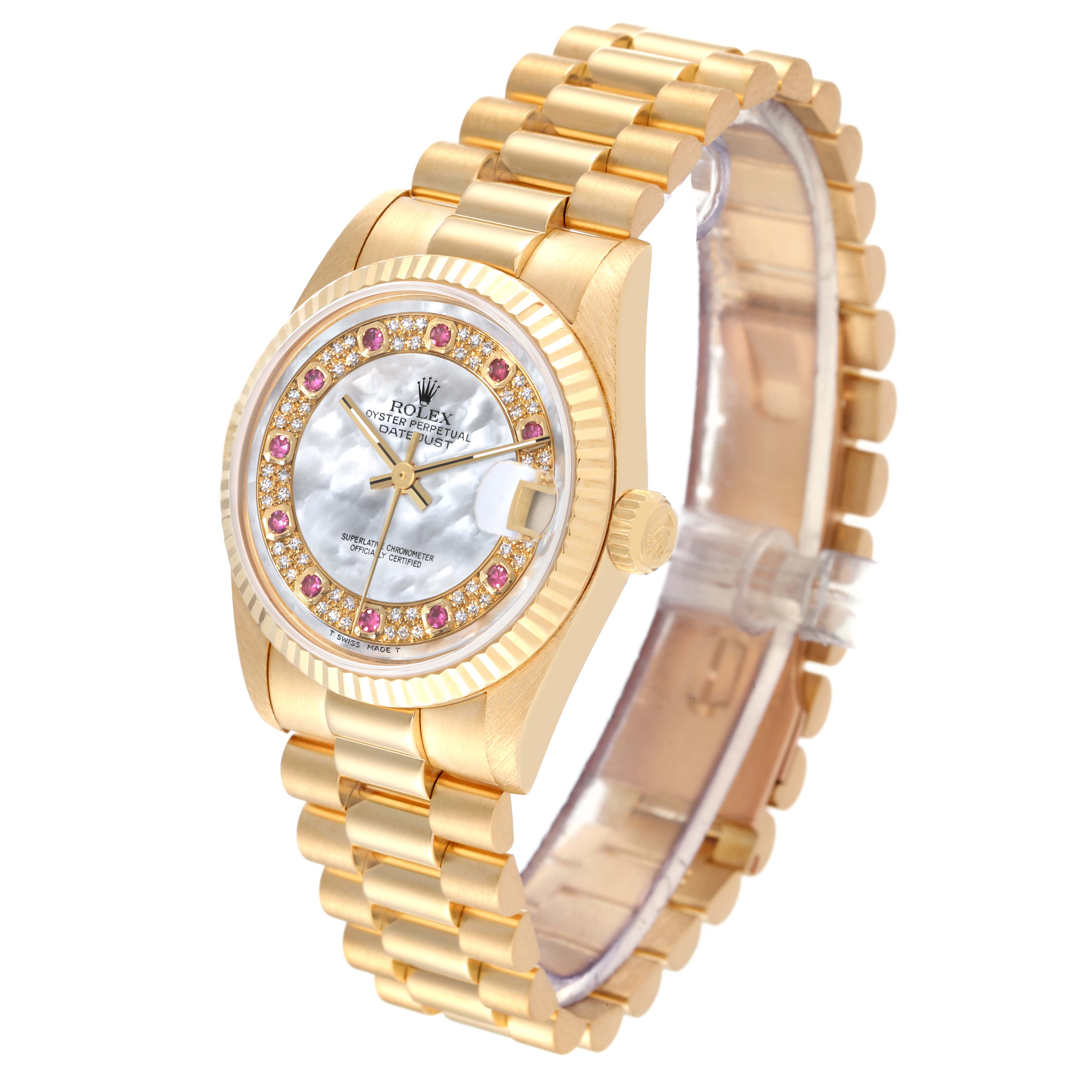 This image shows a Rolex President 68278 Women's Yellow Gold Mother of Pearl Dial 68278 Women's Yellow Gold Mother of Pearl Dial model watch angled to display the face, fluted bezel, crown, and part of its gold bracelet.