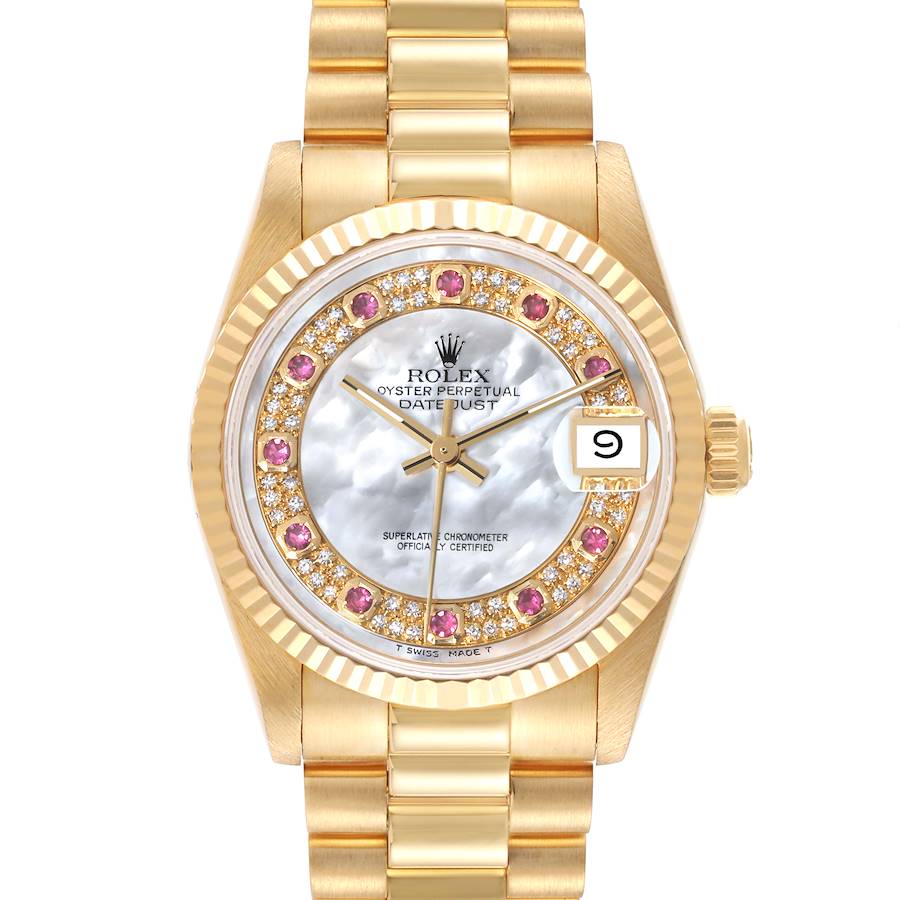 Rolex President Midsize Yellow Gold Mother of Pearl Ruby Myriad Dial Ladies Watch 68278 SwissWatchExpo