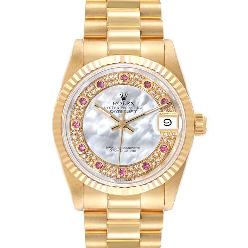 Photo of Rolex President Midsize Yellow Gold Mother of Pearl Ruby Myriad Dial Ladies Watch 68278