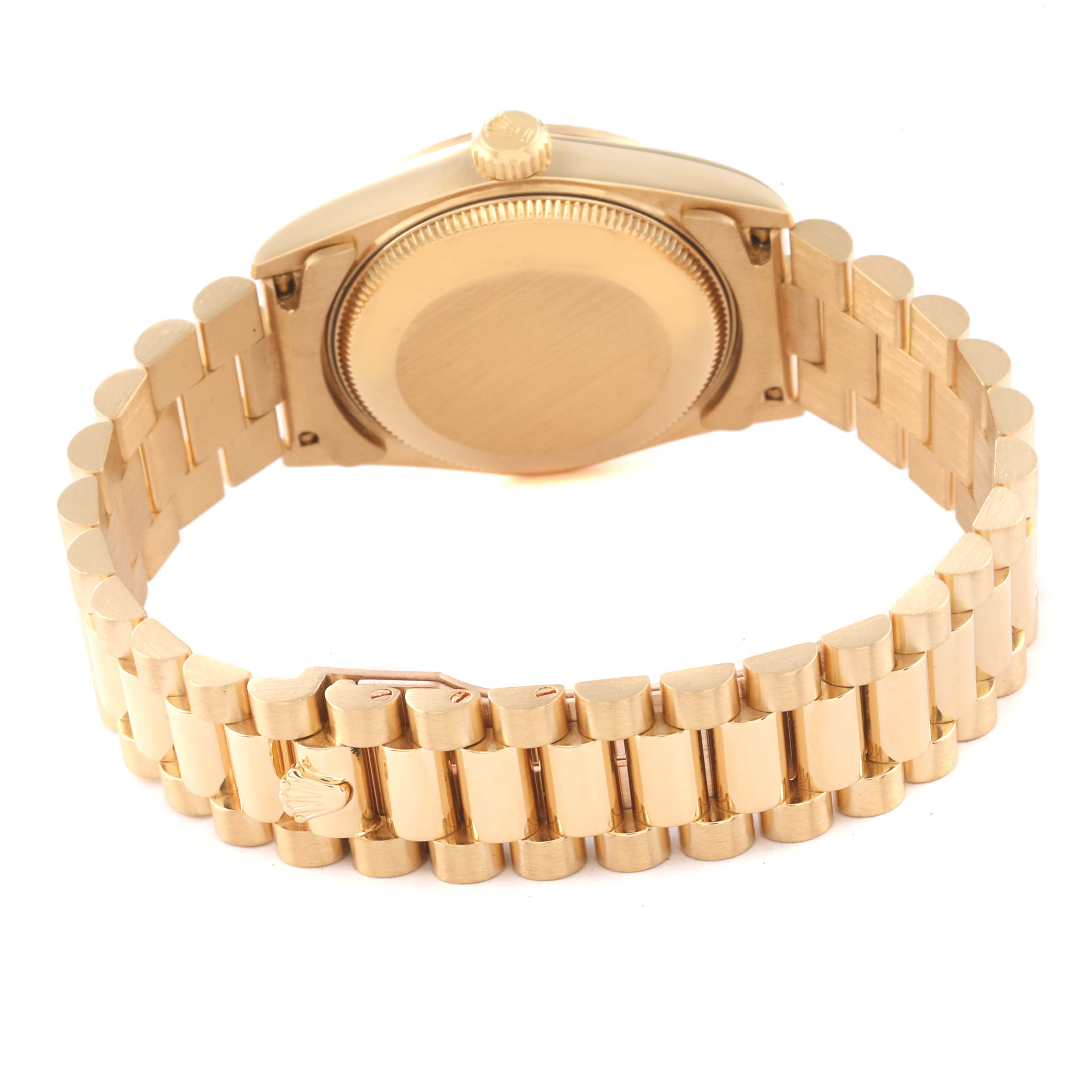 This image shows the back case and bracelet of a Rolex President 68278 Women's Yellow Gold Mother of Pearl Dial 68278 Women's Yellow Gold Mother of Pearl Dial model watch.