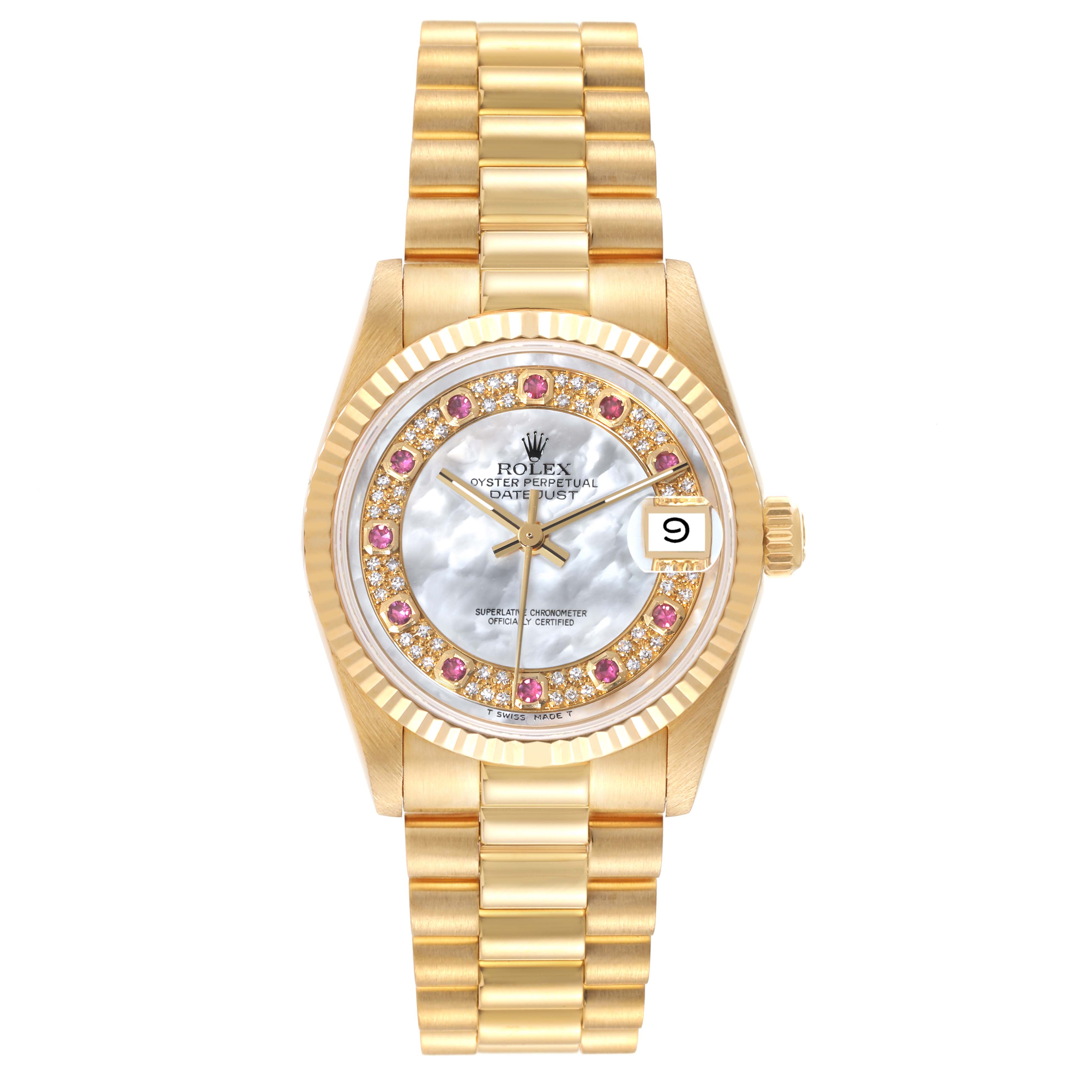 The image shows a frontal view of a Rolex President 68278 Women's Yellow Gold Mother of Pearl Dial 68278 Women's Yellow Gold Mother of Pearl Dial model watch, showcasing its gold case, bracelet, and jeweled bezel.