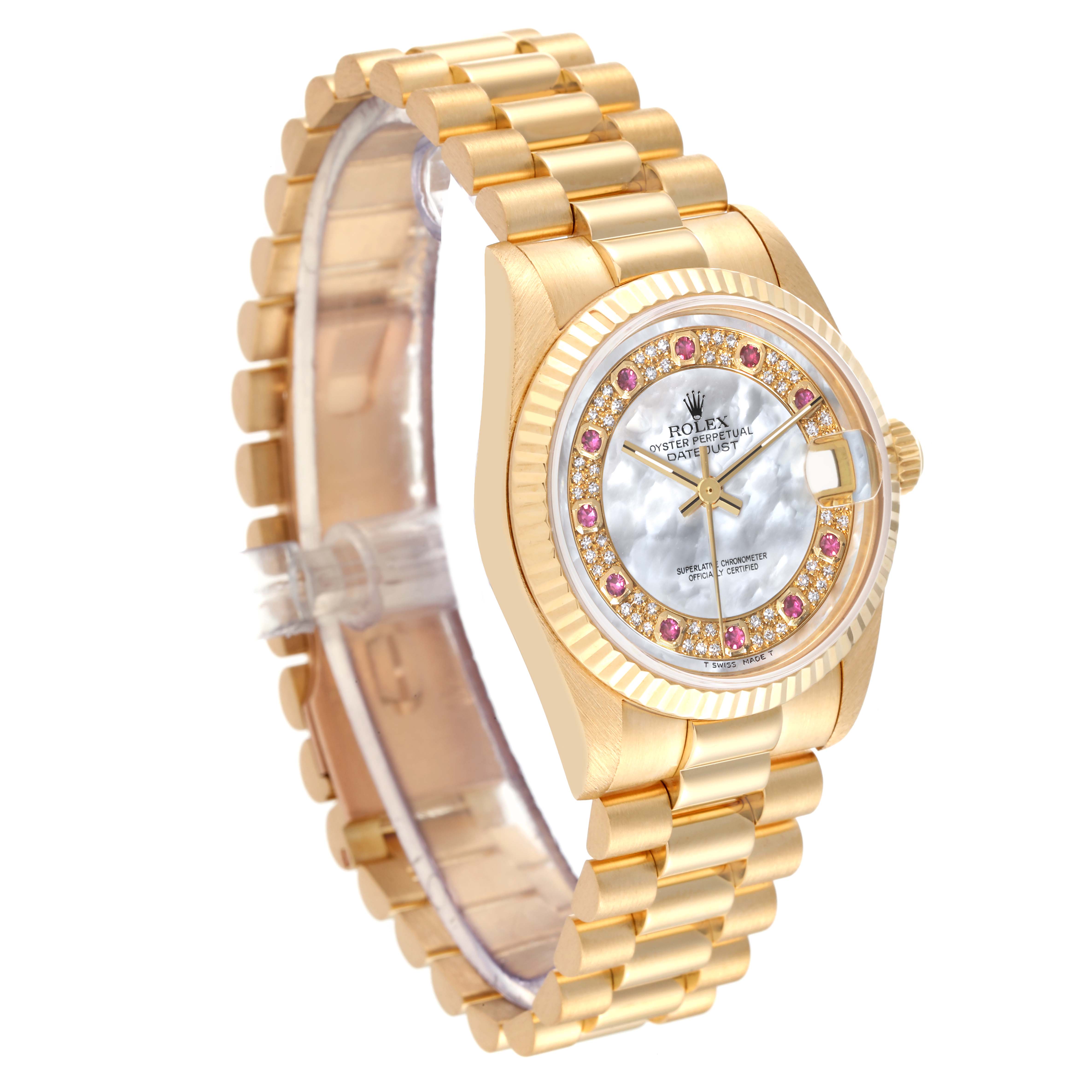 The image shows a side angle of the Rolex President 68278 Women's Yellow Gold Mother of Pearl Dial 68278 Women's Yellow Gold Mother of Pearl Dial model watch, displaying its face, bezel, band, and clasp.