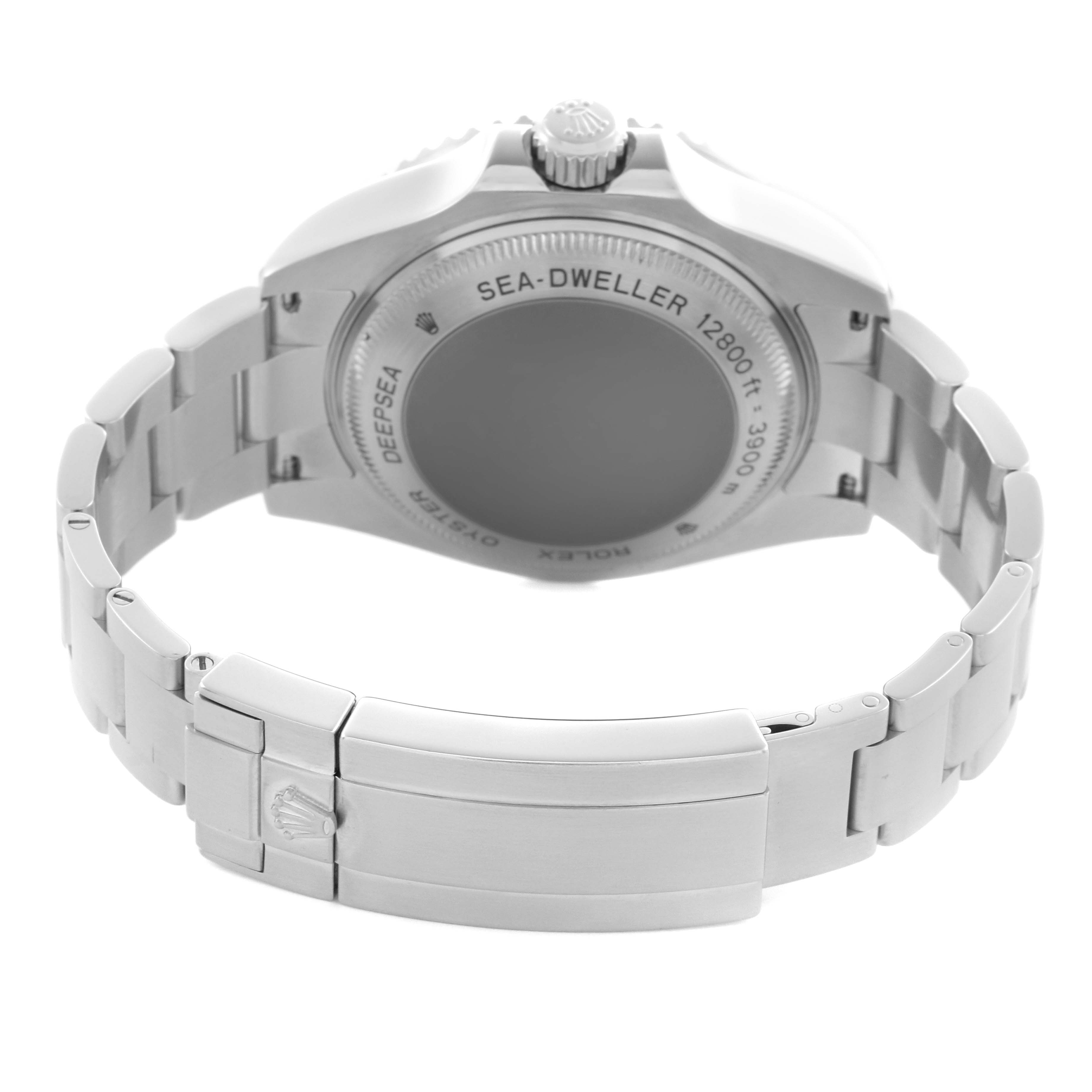 The image shows the back of a Rolex Sea-Dweller 116660 Men's Stainless Steel Black Dial 116660 Men's Stainless Steel Black Dial with a focus on the case back, clasp, and bracelet.