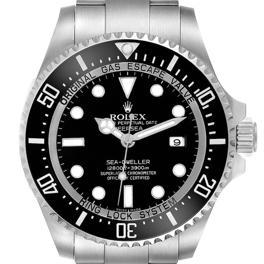 The Rolex Sea-Dweller watch is shown from the front, displaying the dial, bezel, and part of the bracelet.