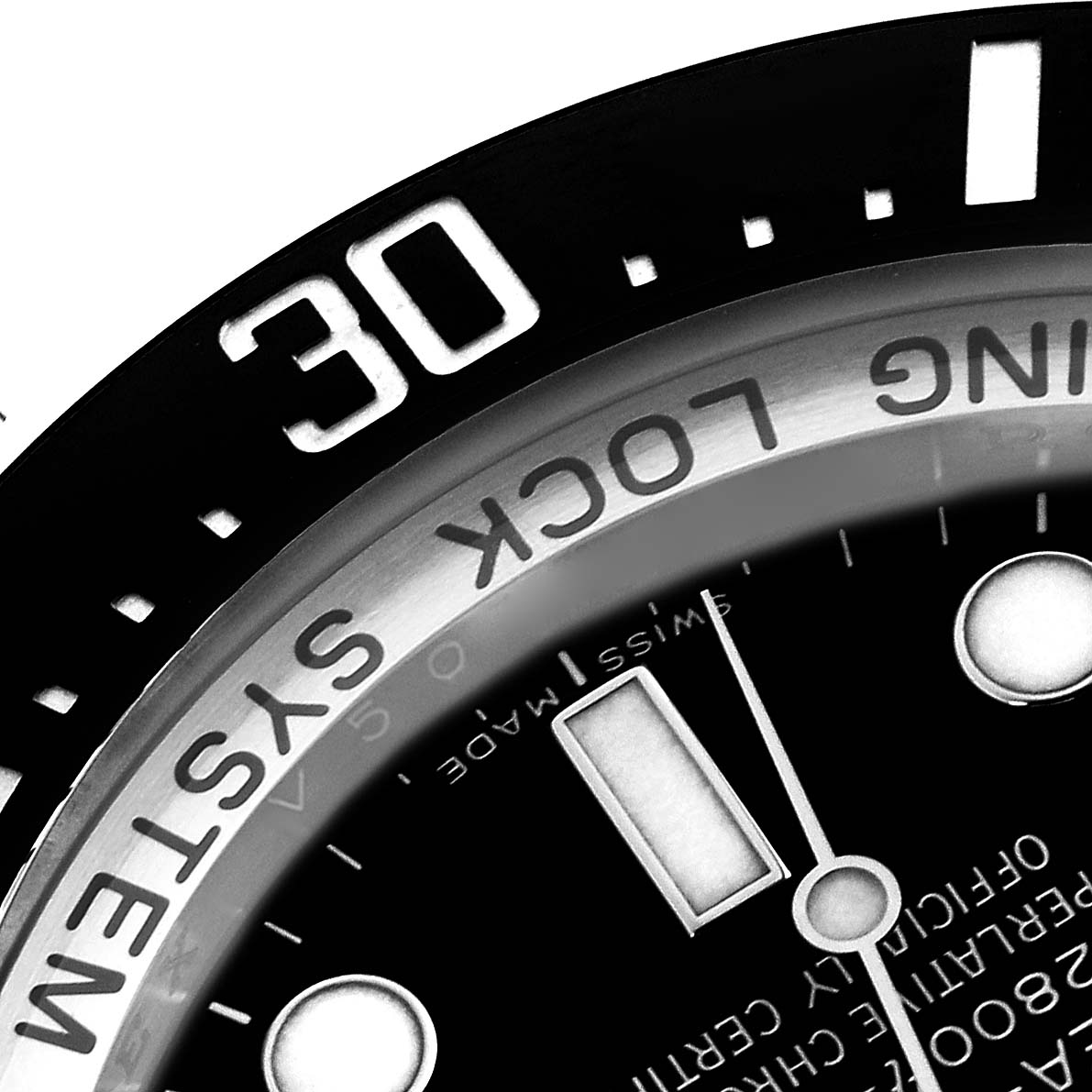 The image shows a close-up of the dial and bezel of a Rolex Sea-Dweller 116660 Men's Stainless Steel Black Dial 116660 Men's Stainless Steel Black Dial watch, featuring the 30-minute mark and luminous markers.