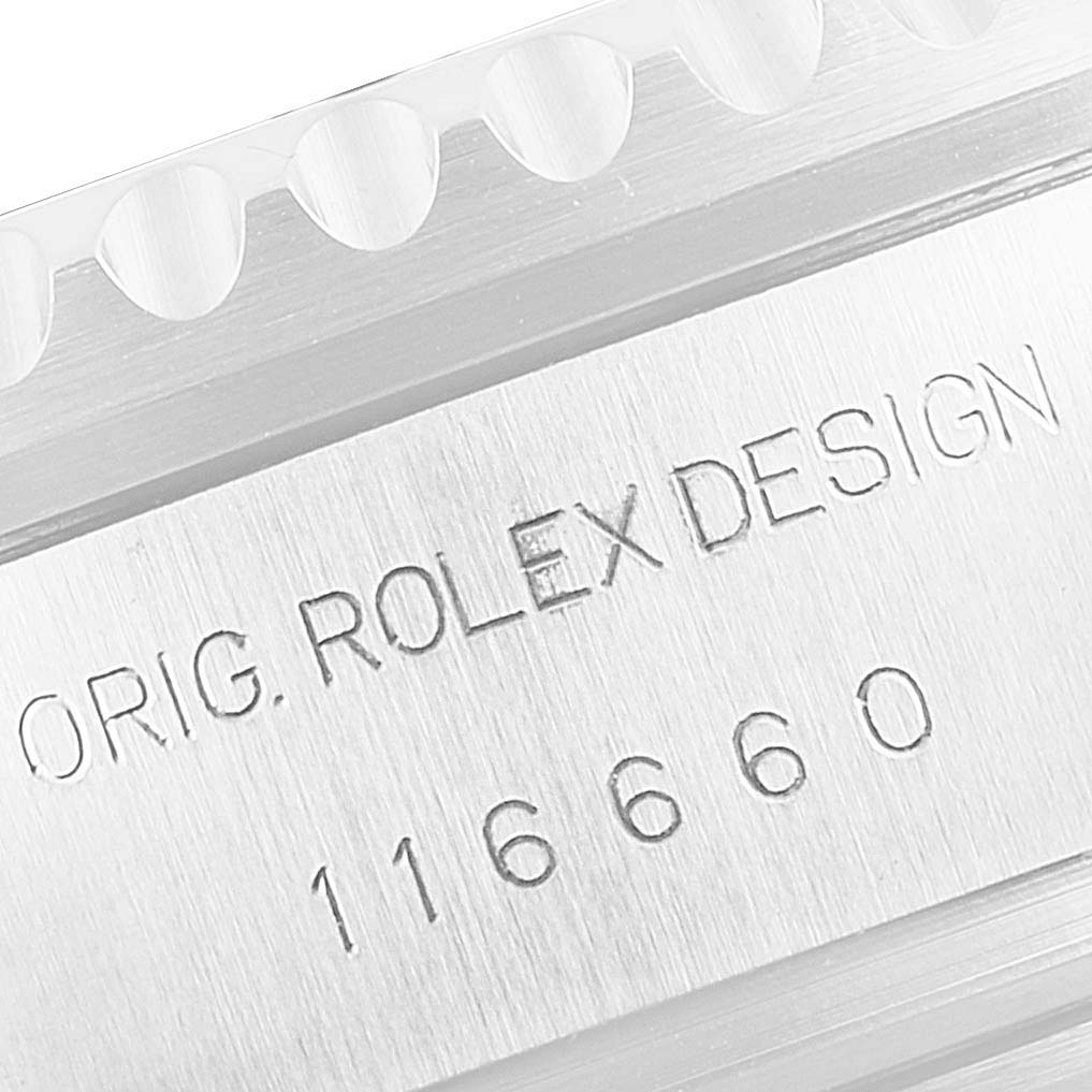 The image shows a close-up of the side of a Rolex Sea-Dweller 116660 Men's Stainless Steel Black Dial 116660 Men's Stainless Steel Black Dial watch, focusing on the engraved reference number and "ROLEX DESIGN".