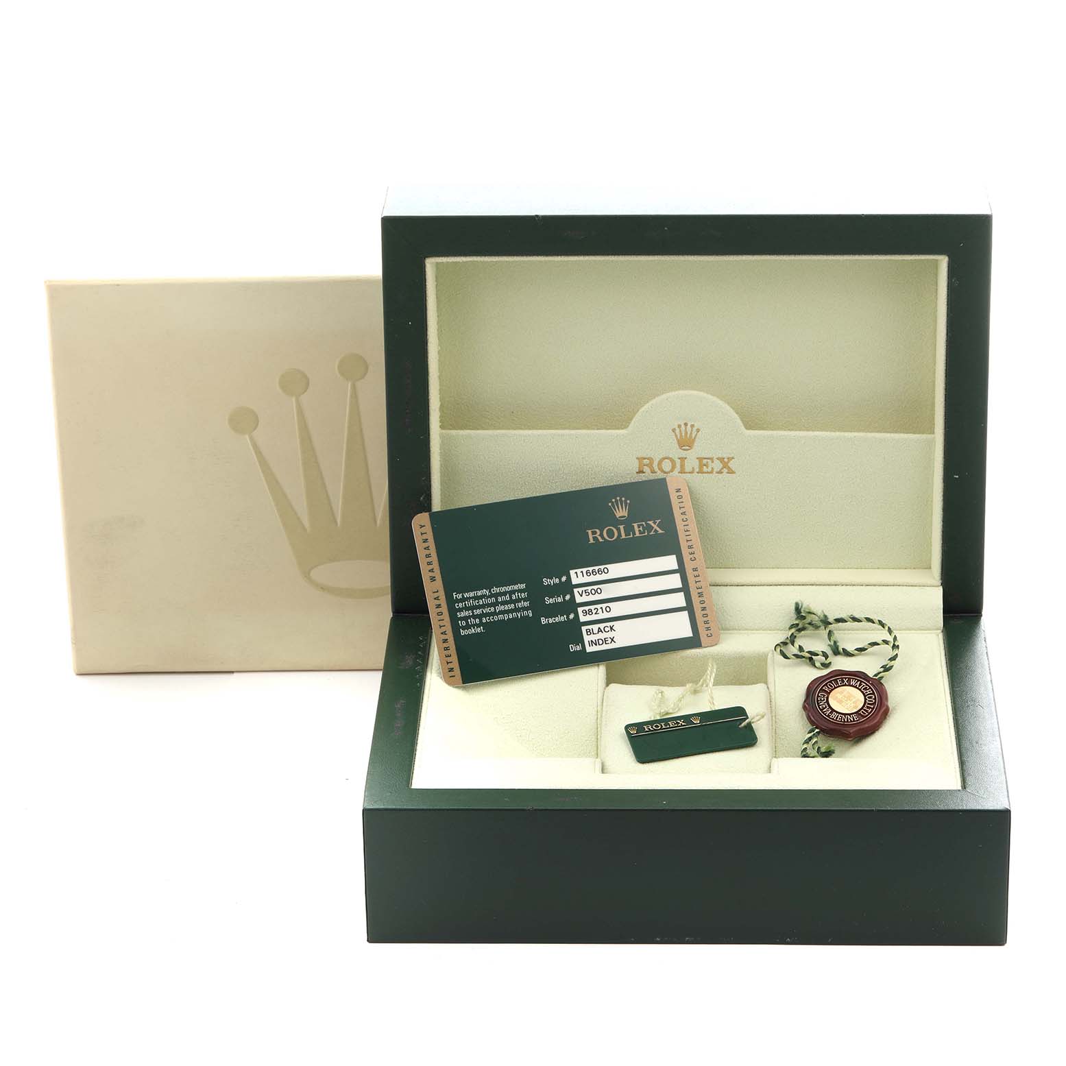 The image shows a Rolex Sea-Dweller 116660 Men's Stainless Steel Black Dial 116660 Men's Stainless Steel Black Dial watch box from the front with accessories, including a card and tags, inside.