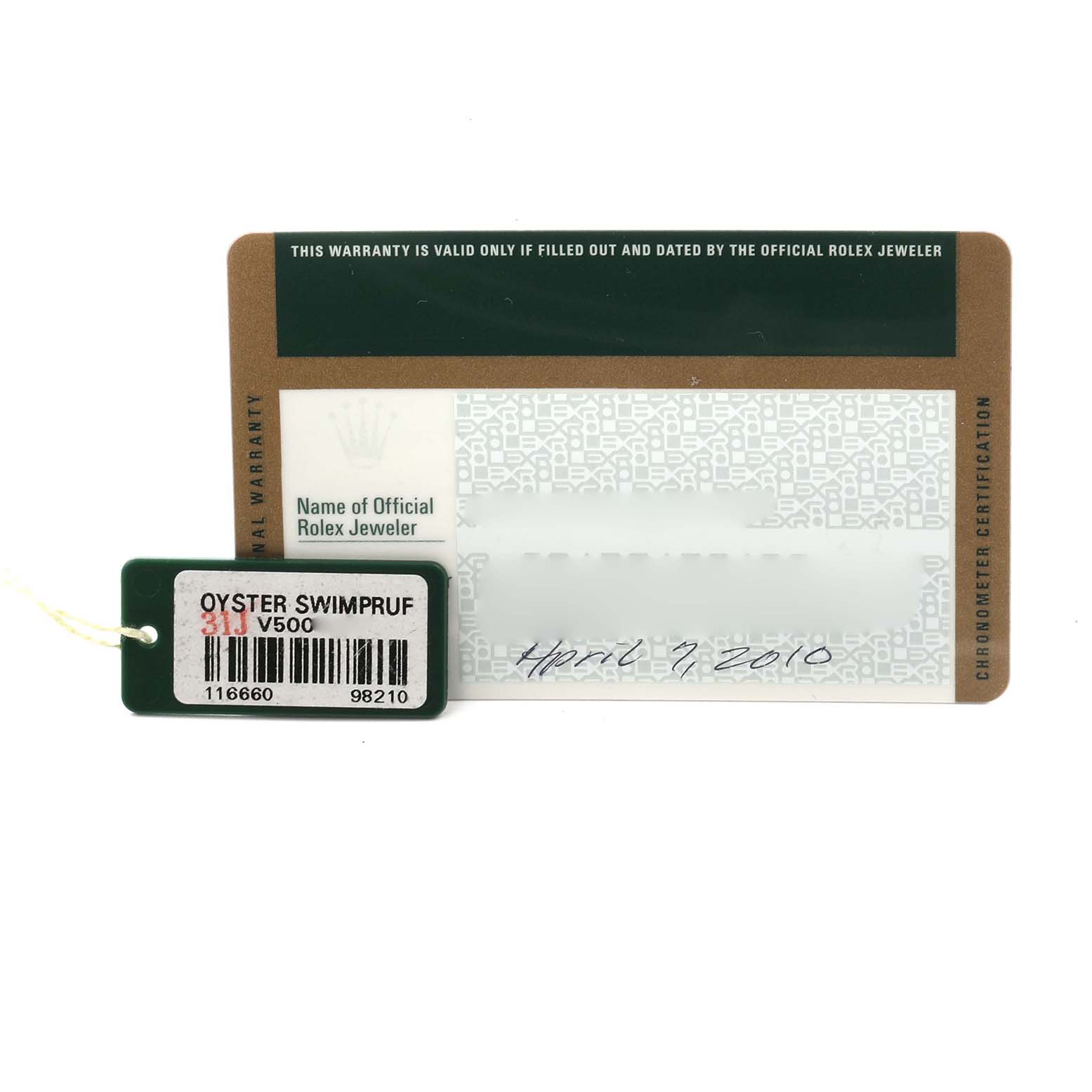 This image shows the warranty card and tag for a Rolex Sea-Dweller 116660 Men's Stainless Steel Black Dial 116660 Men's Stainless Steel Black Dial watch.