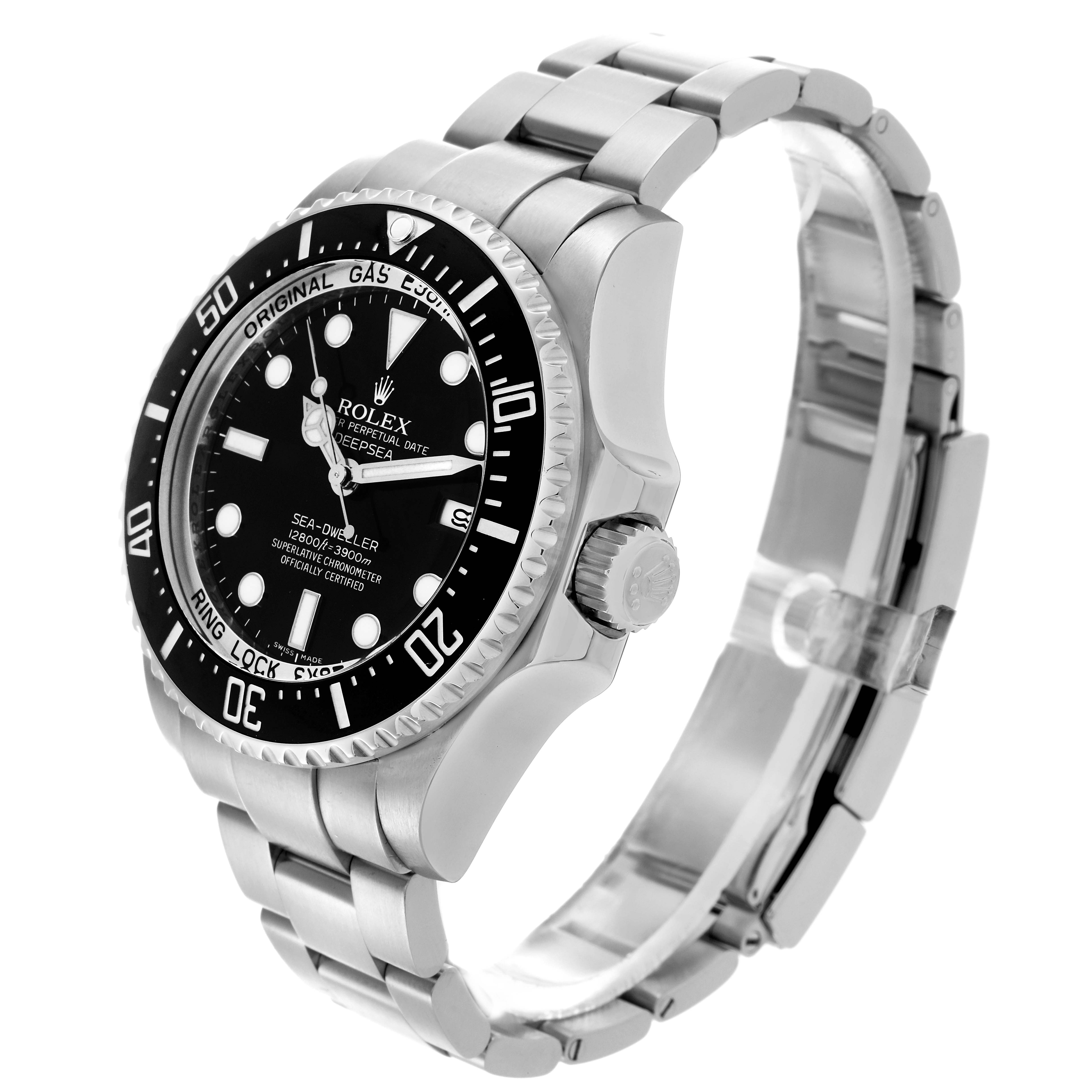 The Rolex Sea-Dweller 116660 Men's Stainless Steel Black Dial 116660 Men's Stainless Steel Black Dial watch is shown at a tilted angle, highlighting the bezel, dial, crown, and bracelet.