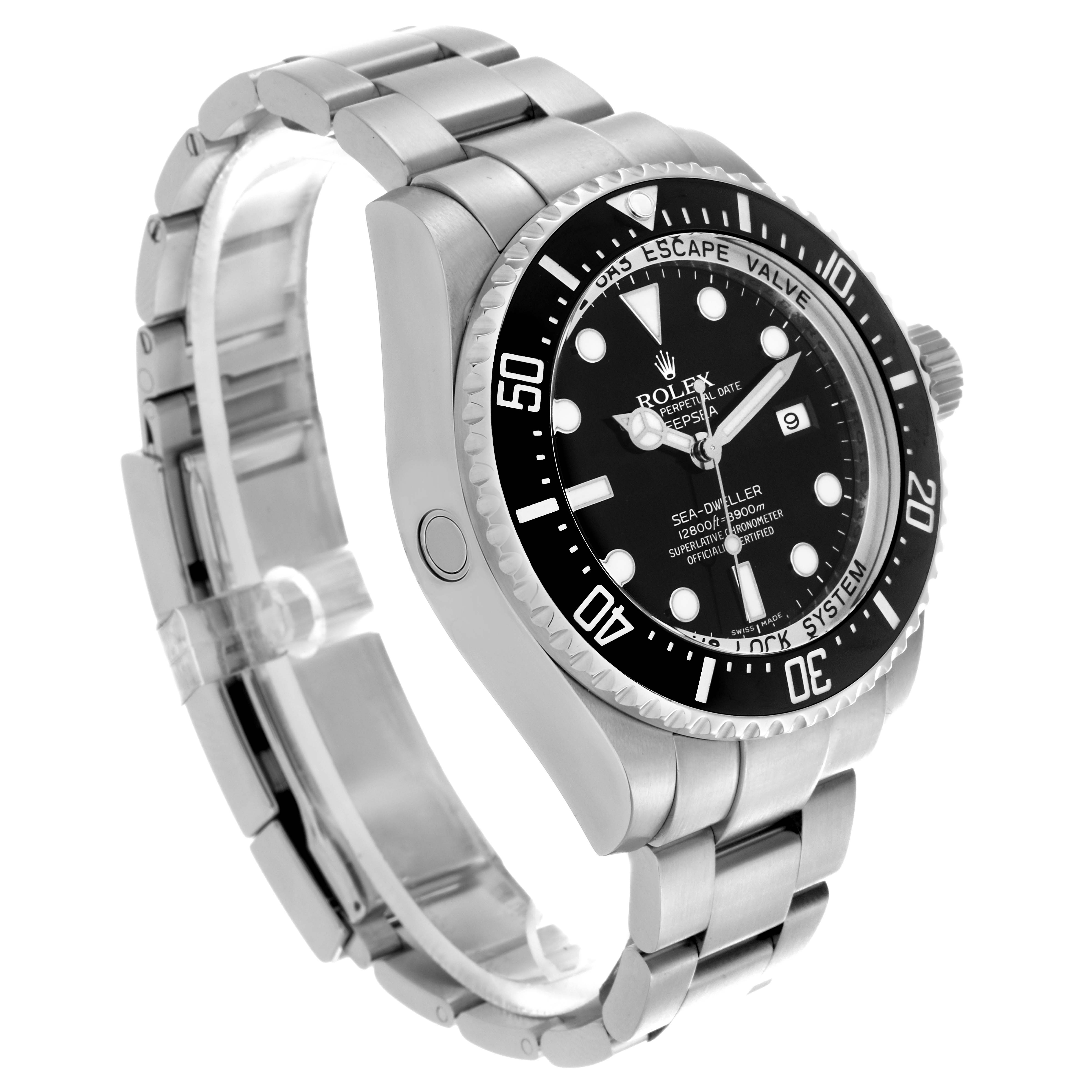 The Rolex Sea-Dweller 116660 Men's Stainless Steel Black Dial 116660 Men's Stainless Steel Black Dial watch is shown at a three-quarter angle, highlighting the bezel, dial, bracelet, and crown.