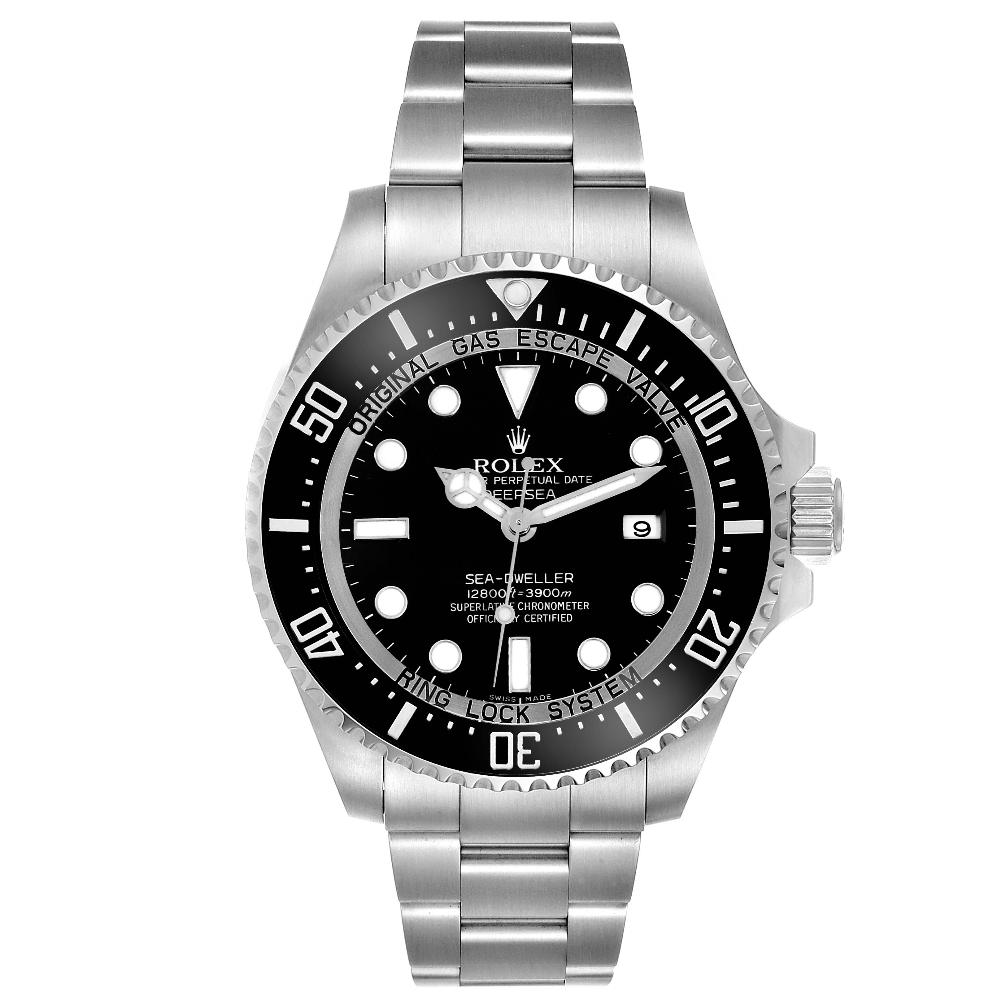 The image shows a frontal view of a Rolex Sea-Dweller 116660 Men's Stainless Steel Black Dial 116660 Men's Stainless Steel Black Dial, highlighting the dial, bezel, bracelet, and crown.