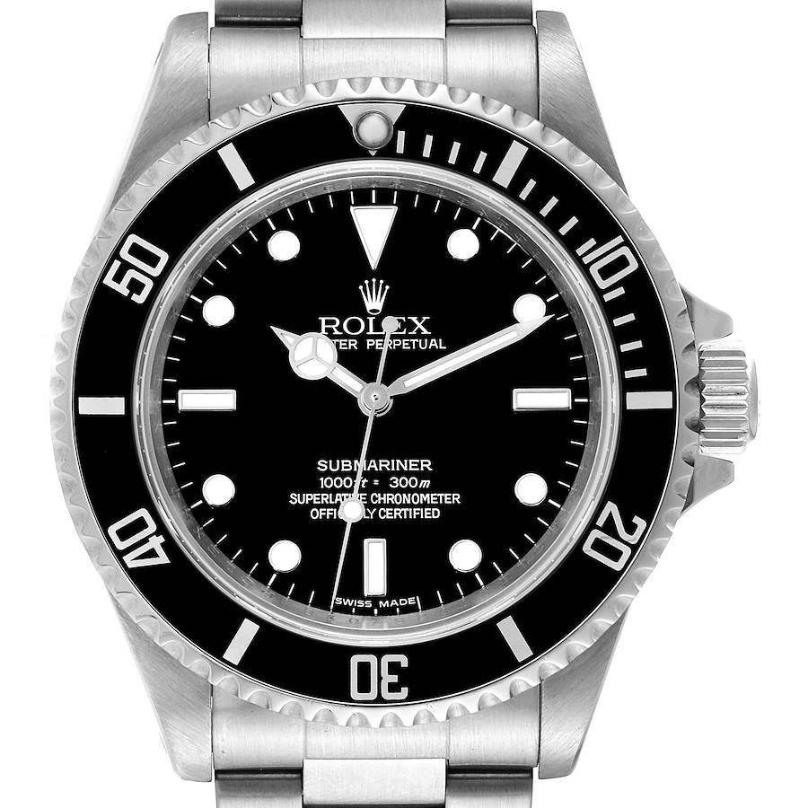 The image shows a front view of a Rolex Submariner watch, displaying its face, bezel, and crown.