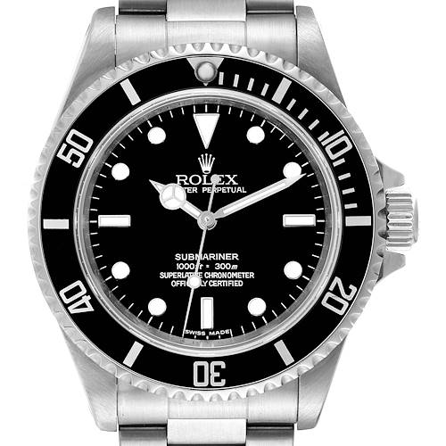 This image shows a front view of the Rolex Submariner watch, highlighting its dial, bezel, and part of the bracelet.