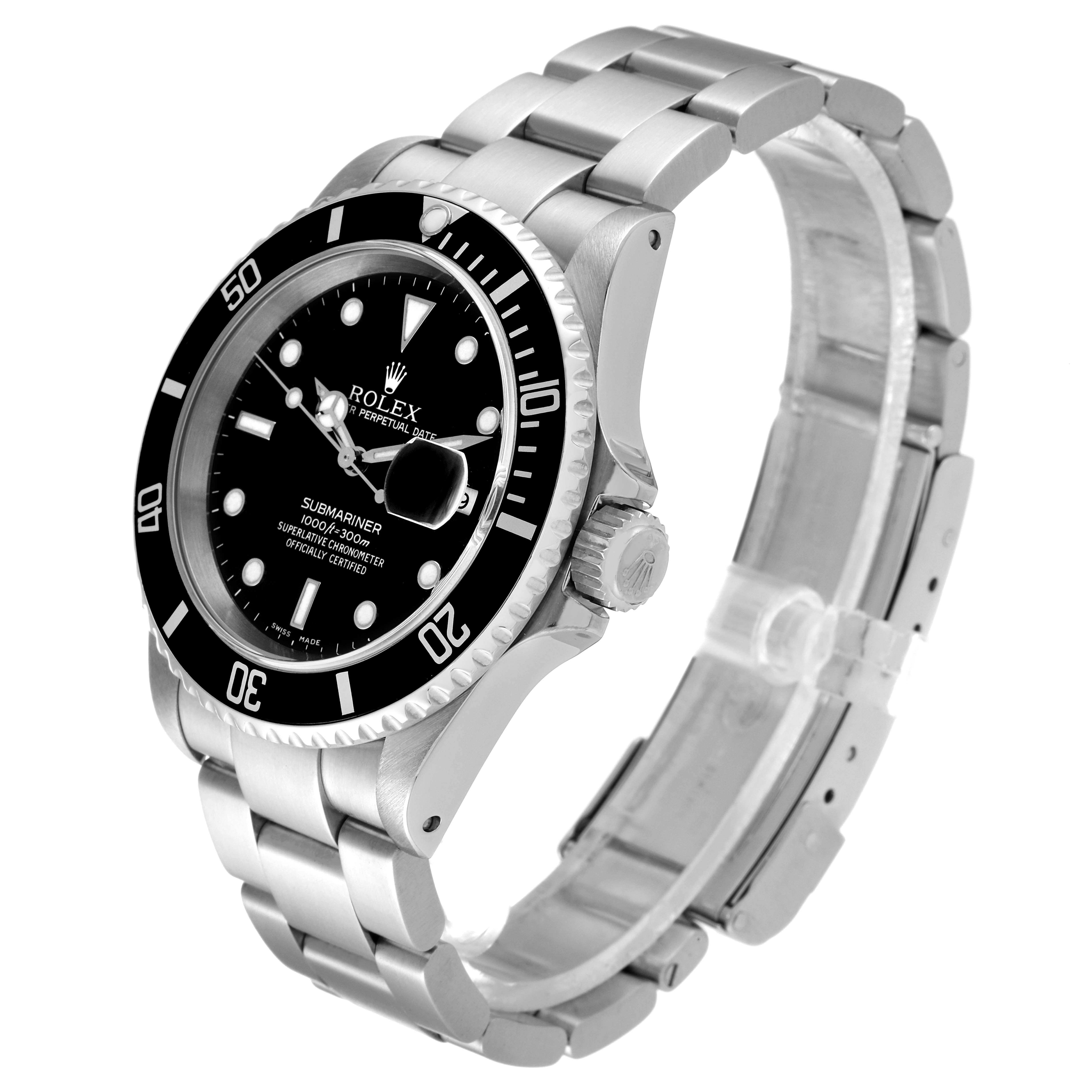 This image shows a Rolex Submariner 16610 Men
s Stainless Steel Black Dial 16610 Men
s Stainless Steel Black Dial watch at a slight angled side view, displaying its dial, bezel, crown, and bracelet.
