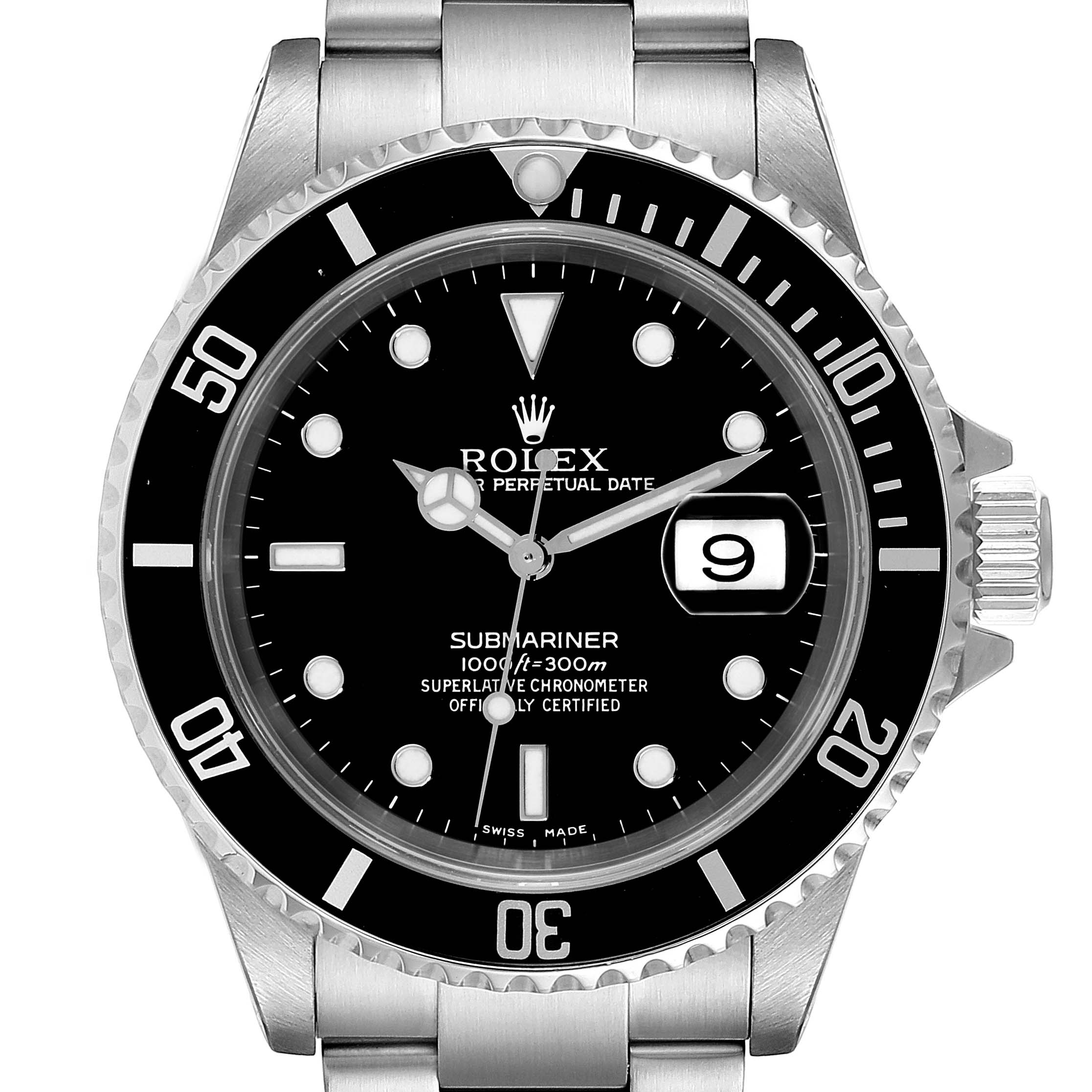 The image shows a front view of a Rolex Submariner 16610 Men
s Stainless Steel Black Dial 16610 Men
s Stainless Steel Black Dial watch, detailing the face, bezel, markers, hands, and part of the bracelet.
