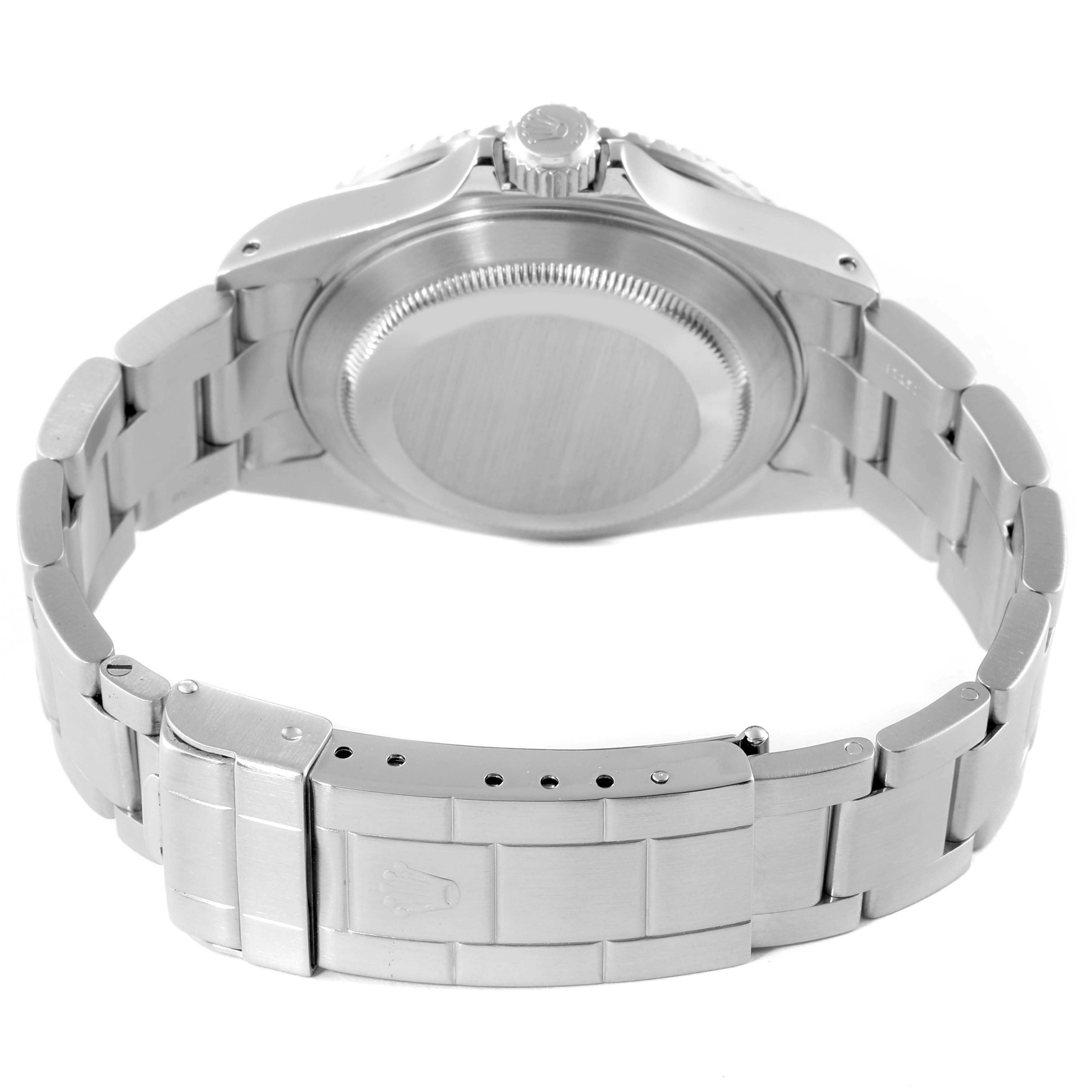 The image shows the back view of a Rolex Submariner 16610 Men
s Stainless Steel Black Dial 16610 Men
s Stainless Steel Black Dial, highlighting its case back, bracelet, and clasp.