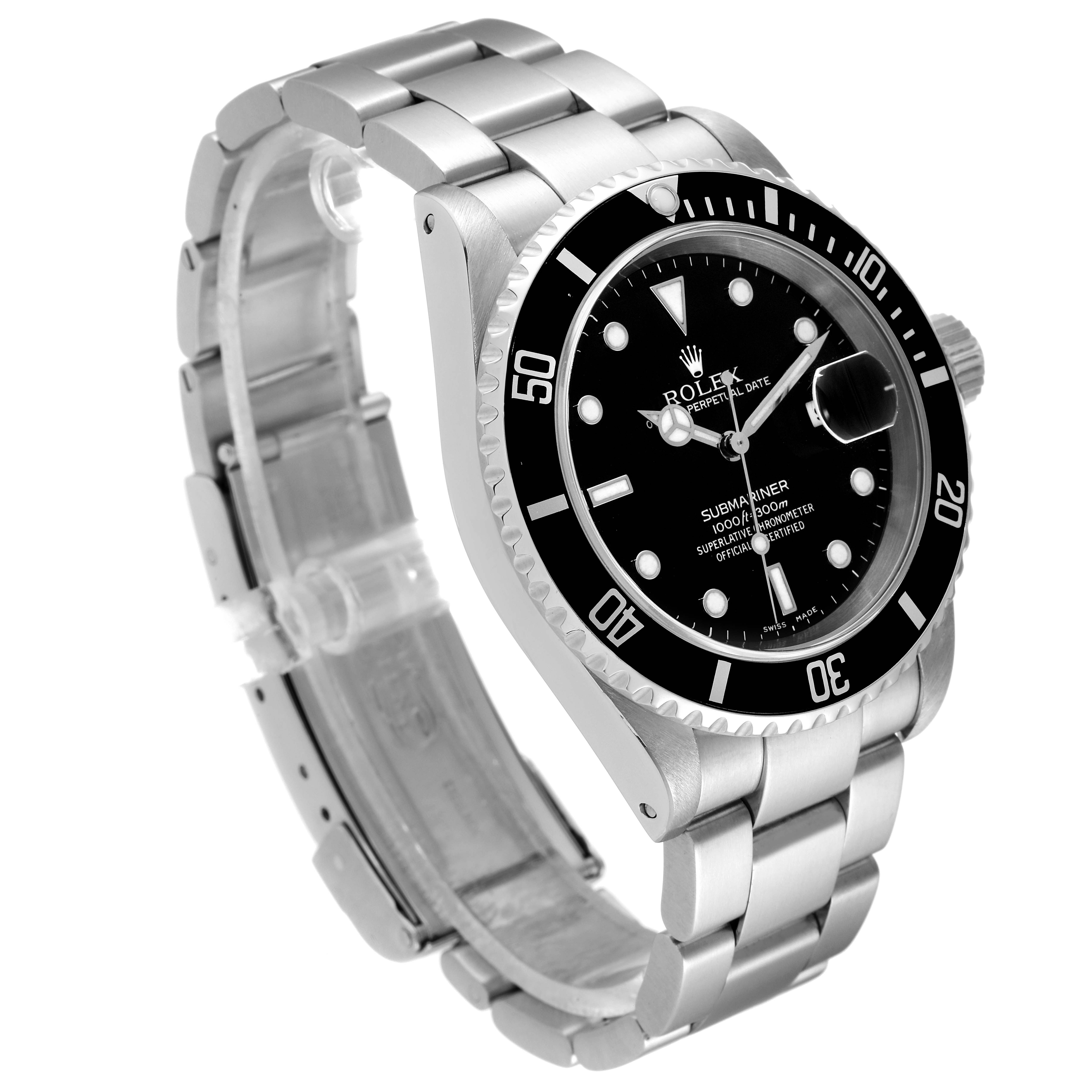 The image shows a Rolex Submariner 16610 Men
s Stainless Steel Black Dial 16610 Men
s Stainless Steel Black Dial watch at a three-quarter angle, highlighting its bezel, dial, and bracelet.