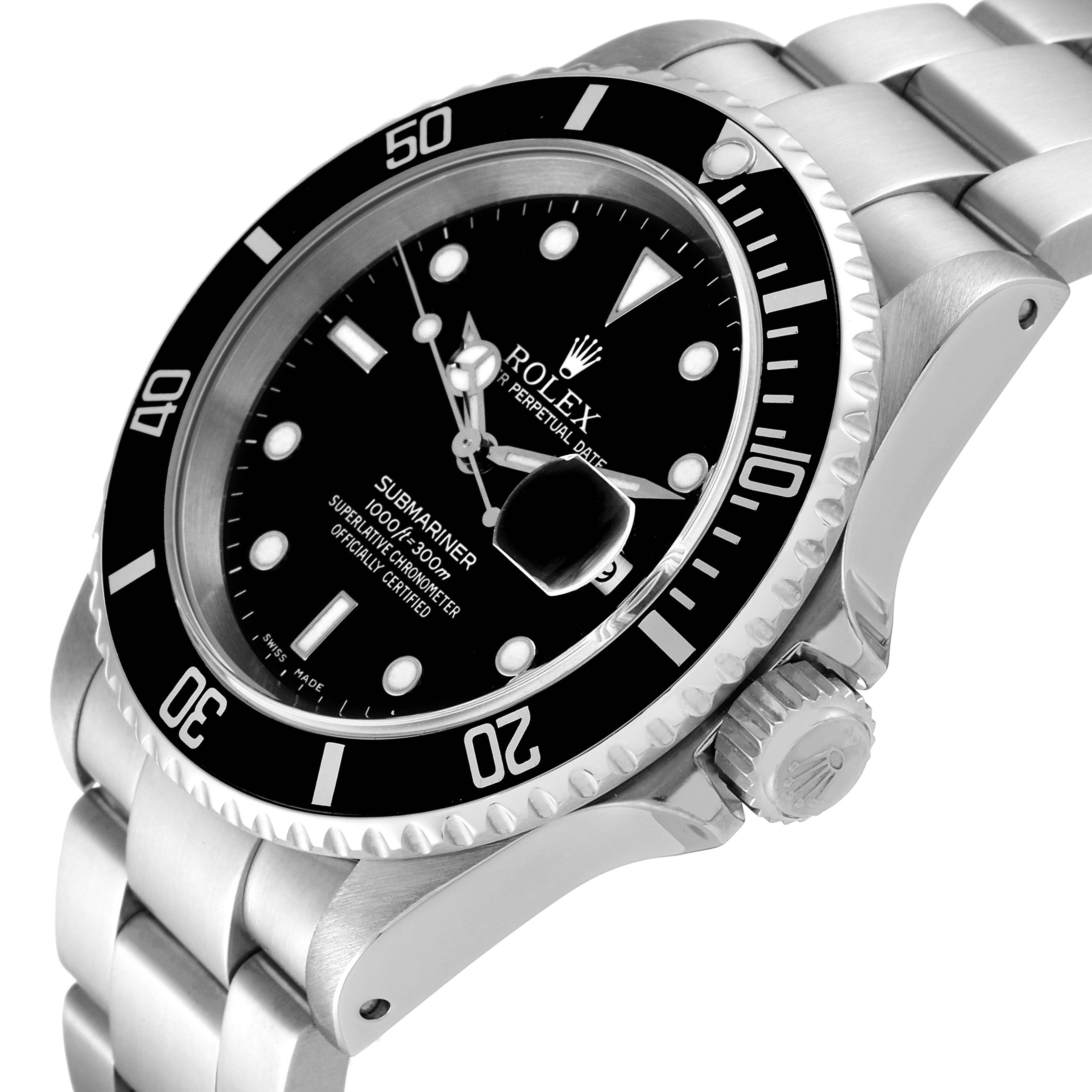 The Rolex Submariner 16610 Men
s Stainless Steel Black Dial 16610 Men
s Stainless Steel Black Dial watch is shown from an angled side view, displaying the dial, bezel, crown, and part of the bracelet.
