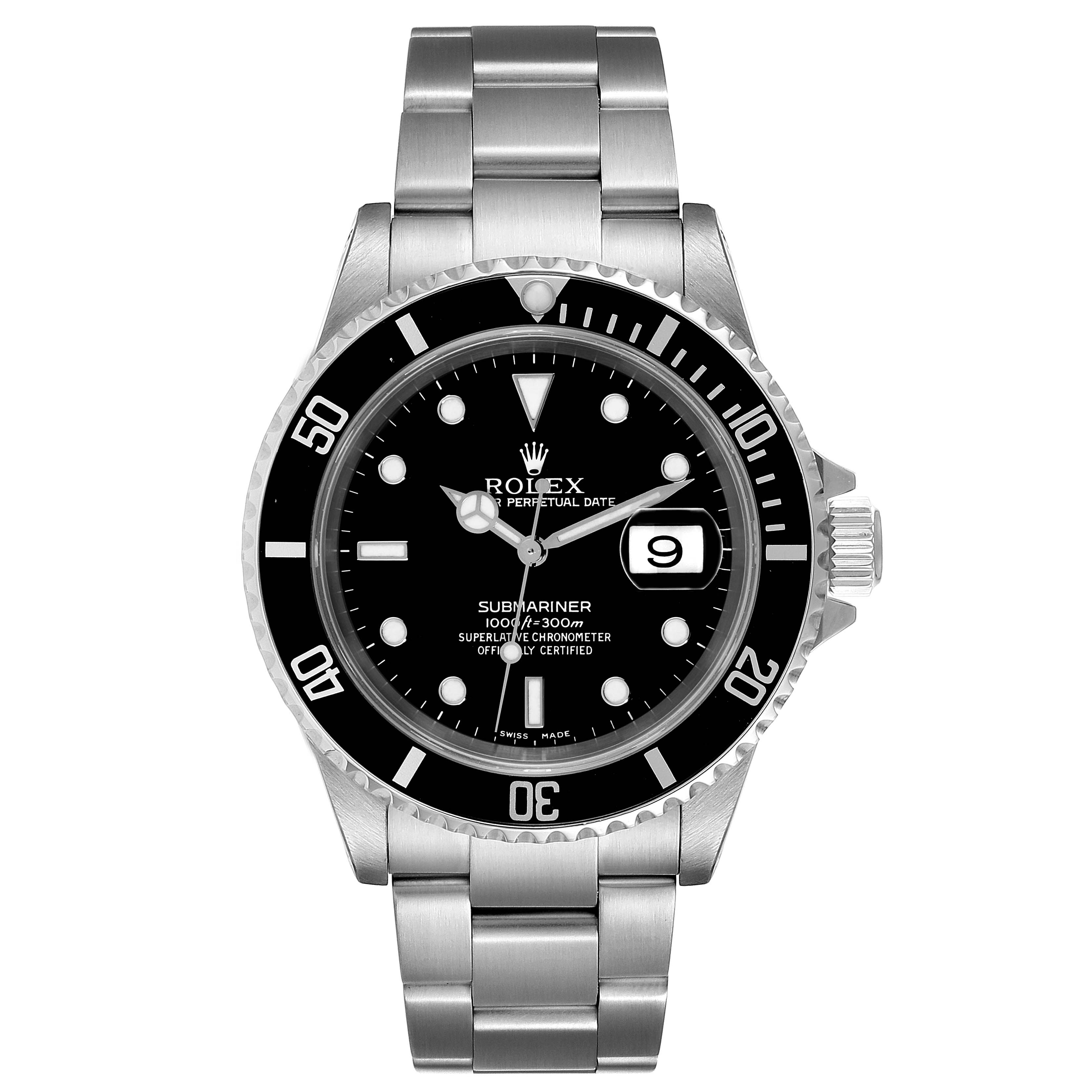 The image shows a frontal view of a Rolex Submariner 16610 Men
s Stainless Steel Black Dial 16610 Men
s Stainless Steel Black Dial watch, including the bezel, dial, hands, crown, and bracelet.