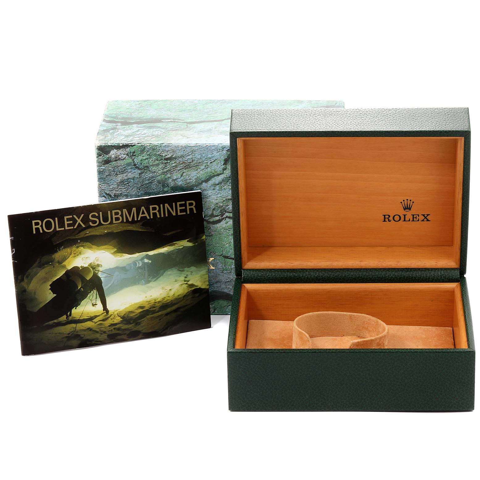 The image shows the packaging box, booklet, and inner case for a Rolex Submariner 16613 Men
s Steel and Gold (two tone) Blue Dial 16613 Men
s Steel and Gold (two tone) Blue Dial watch.