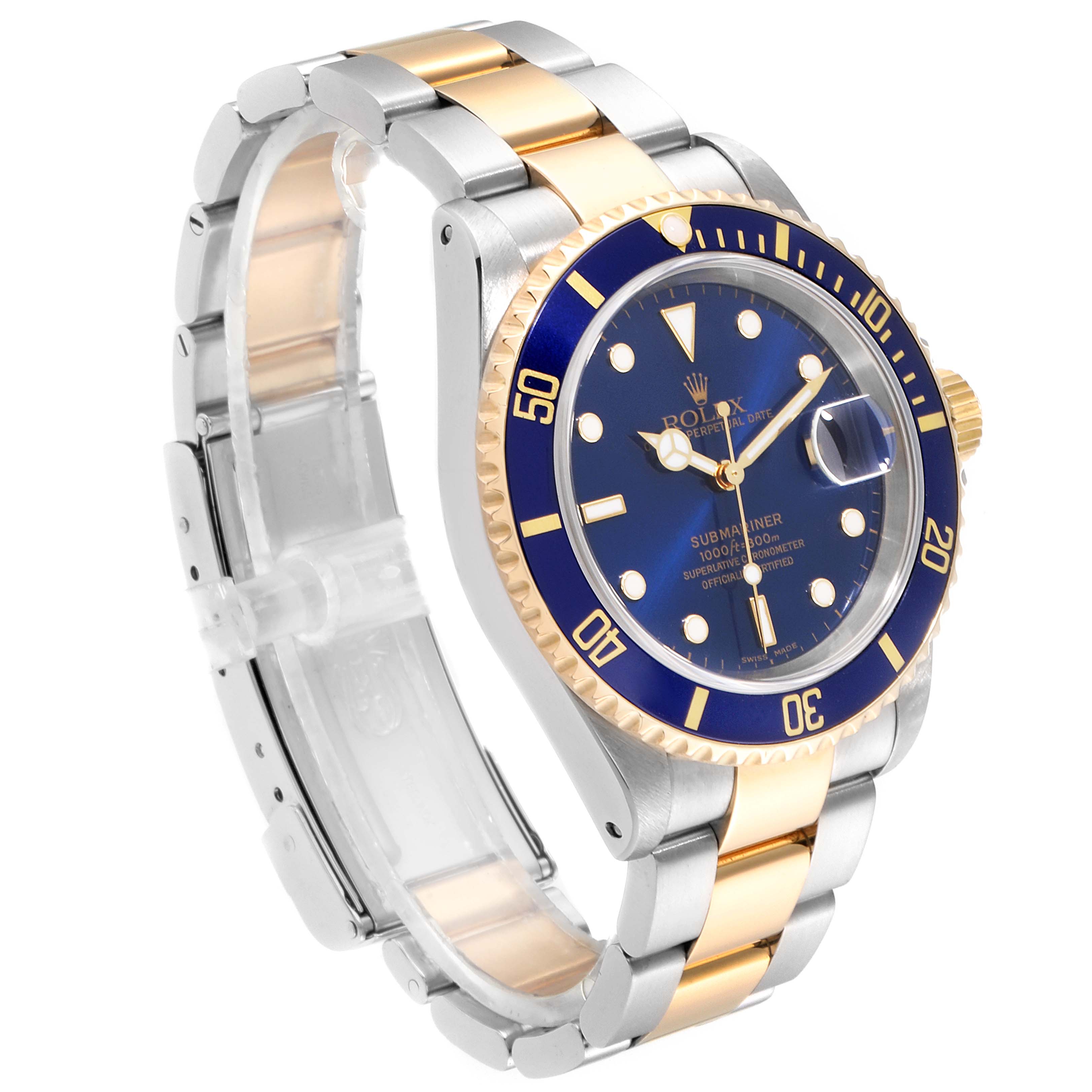 The Rolex Submariner 16613 Men
s Steel and Gold (two tone) Blue Dial 16613 Men
s Steel and Gold (two tone) Blue Dial watch is shown at a three-quarter angle, highlighting its blue dial, bezel, and two-tone band.