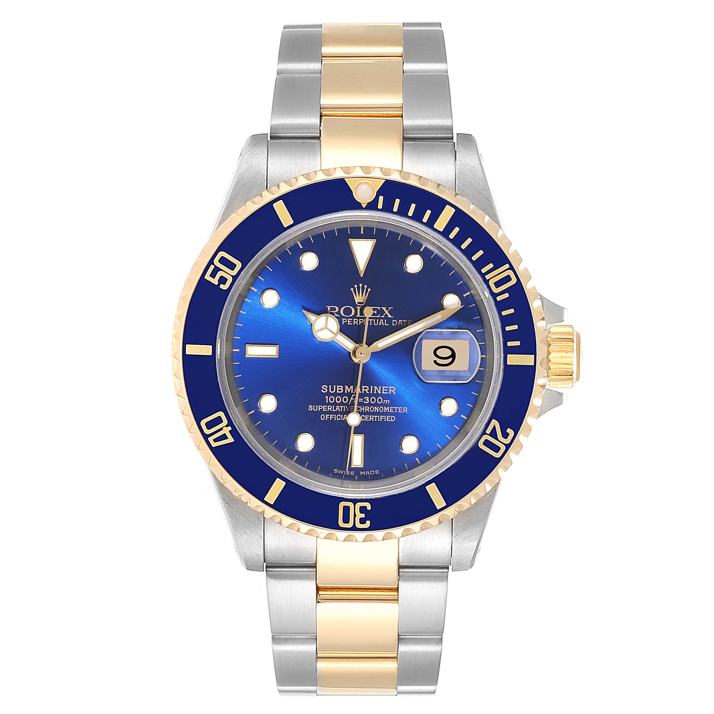 The image shows a front view of a Rolex Submariner 16613 Men
s Steel and Gold (two tone) Blue Dial 16613 Men
s Steel and Gold (two tone) Blue Dial watch, highlighting its blue dial, bi-metal bracelet, and gold bezel.