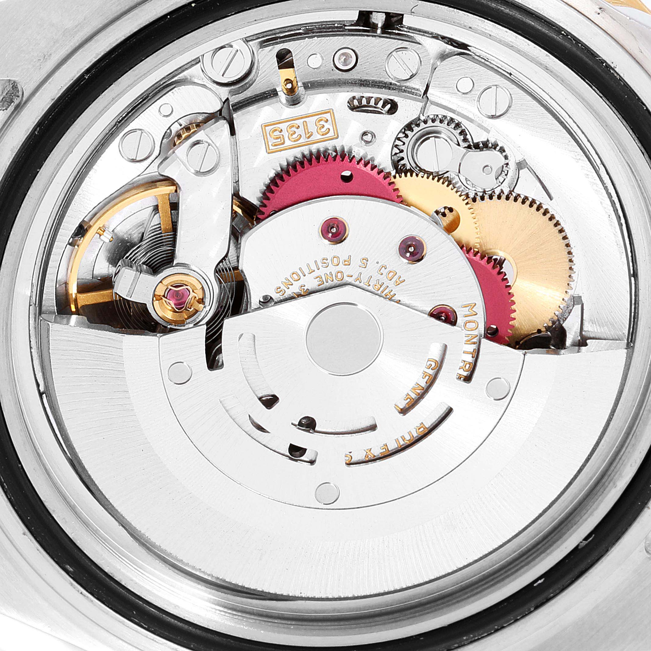 This image shows the internal mechanics and movement of the Rolex Submariner 16613 Men
s Steel and Gold (two tone) Blue Dial 16613 Men
s Steel and Gold (two tone) Blue Dial watch from a close-up angle.