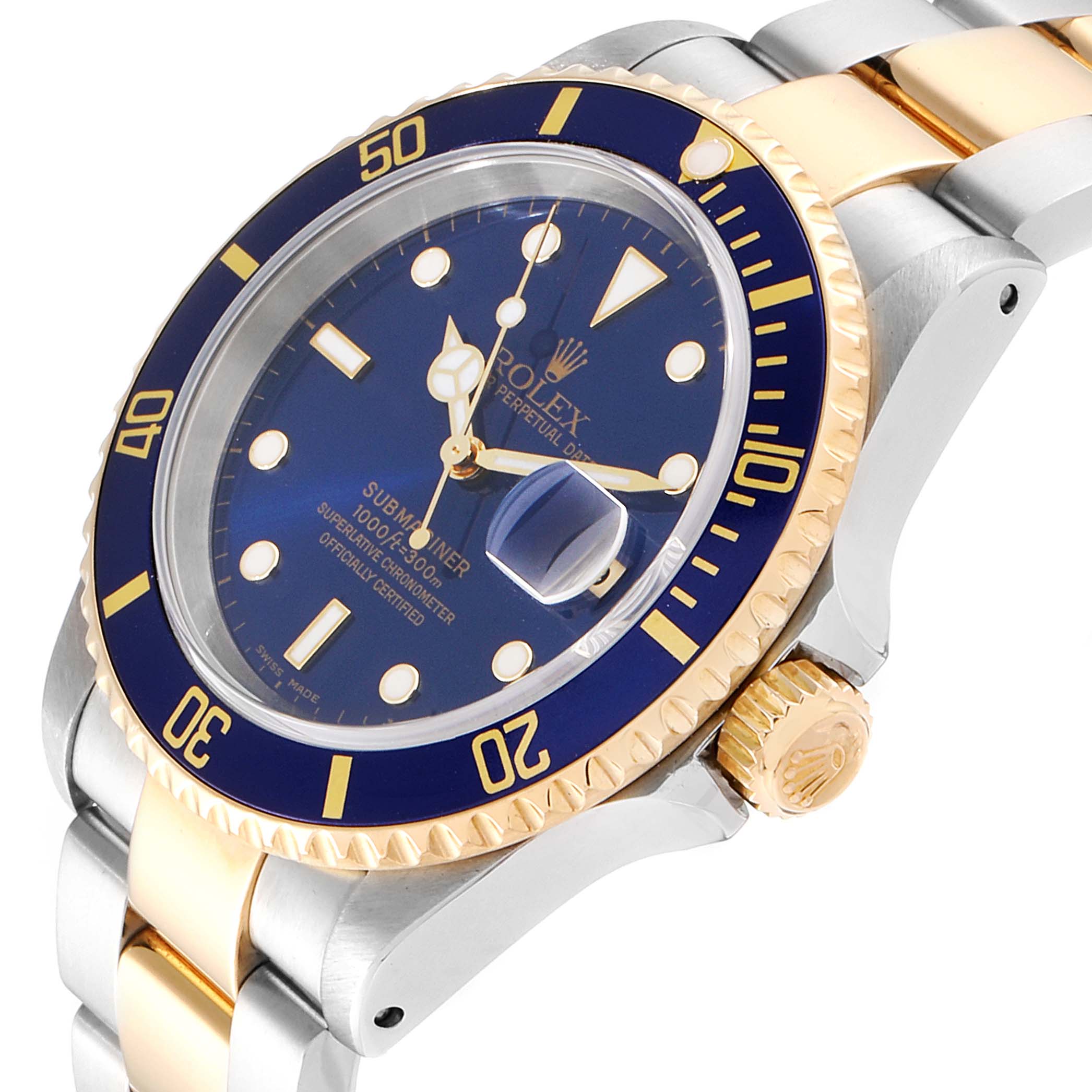 The image shows an angled side view of a Rolex Submariner 16613 Men
s Steel and Gold (two tone) Blue Dial 16613 Men
s Steel and Gold (two tone) Blue Dial watch, highlighting its bezel, crown, and part of the two-tone bracelet.