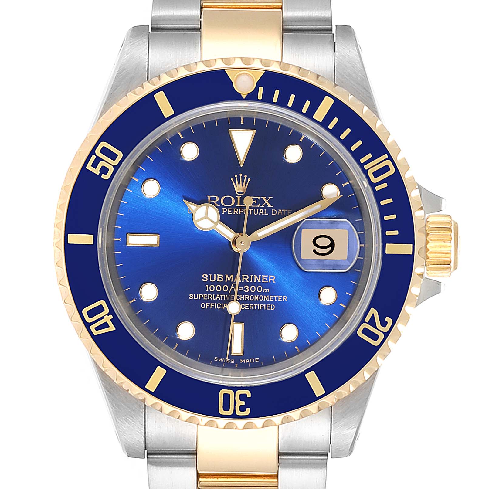 The image shows a frontal view of a Rolex Submariner 16613 Men
s Steel and Gold (two tone) Blue Dial 16613 Men
s Steel and Gold (two tone) Blue Dial watch, highlighting its blue dial, bezel, and date window.