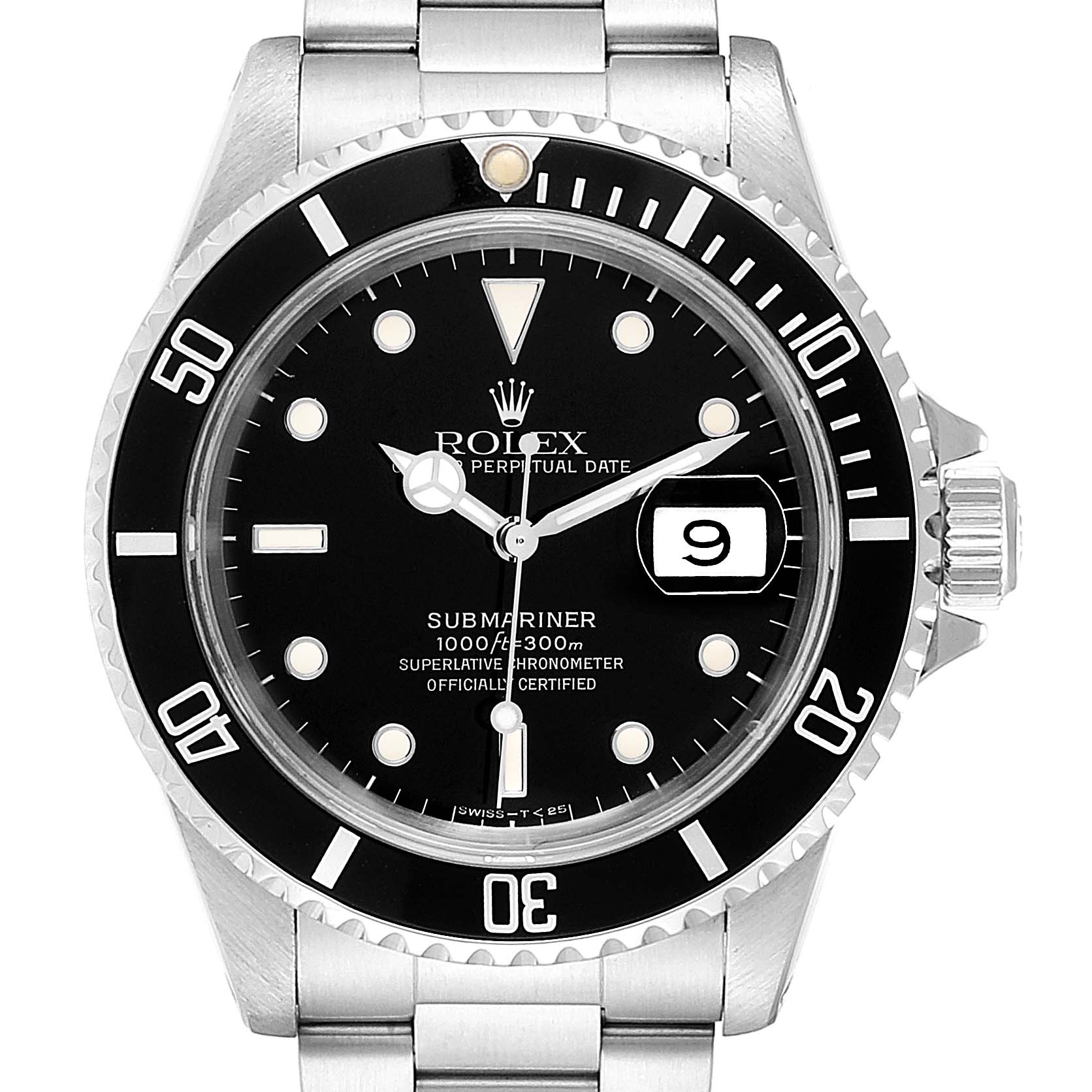 The Rolex Submariner 16610 Men
s Stainless Steel Black Dial 16610 Men
s Stainless Steel Black Dial watch is shown from a front angle, highlighting its black dial, date window, and stainless steel bracelet.