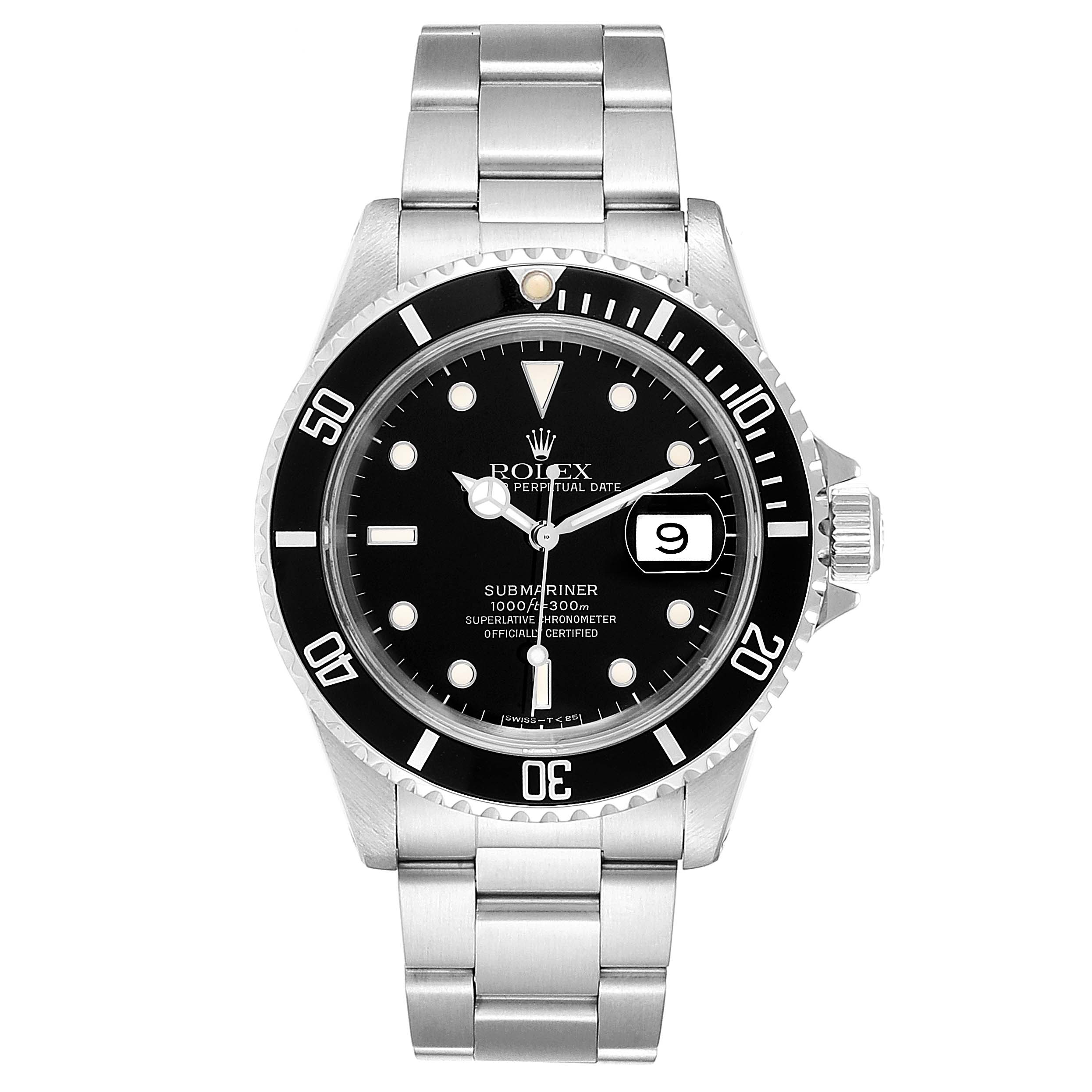 The image shows a front view of a Rolex Submariner 16610 Men
s Stainless Steel Black Dial 16610 Men
s Stainless Steel Black Dial watch, displaying its black dial, bezel, and stainless steel bracelet.